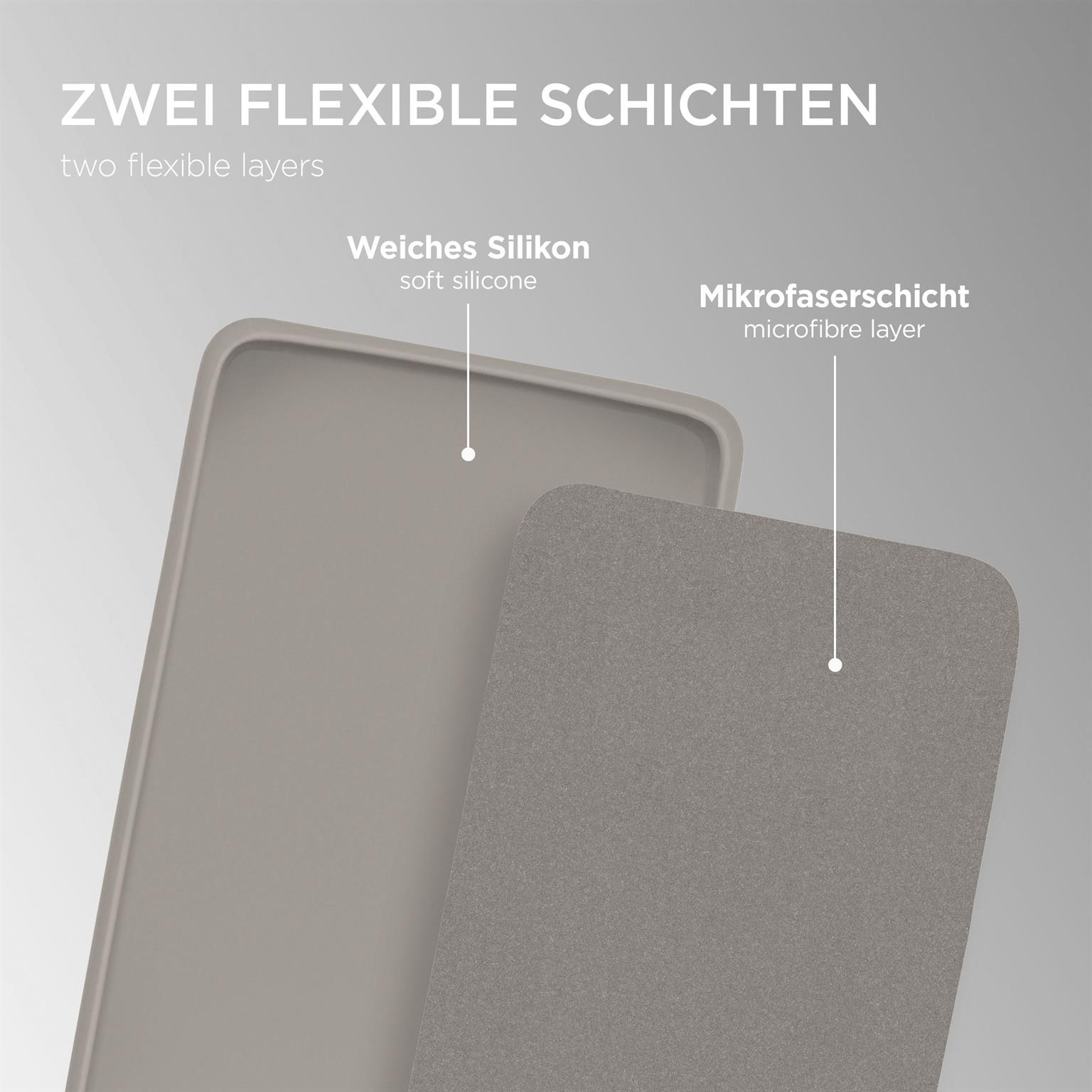 Zweischichtige Hülle: weiches Silikon und Mikrofaser-Schicht, graue Farbe.