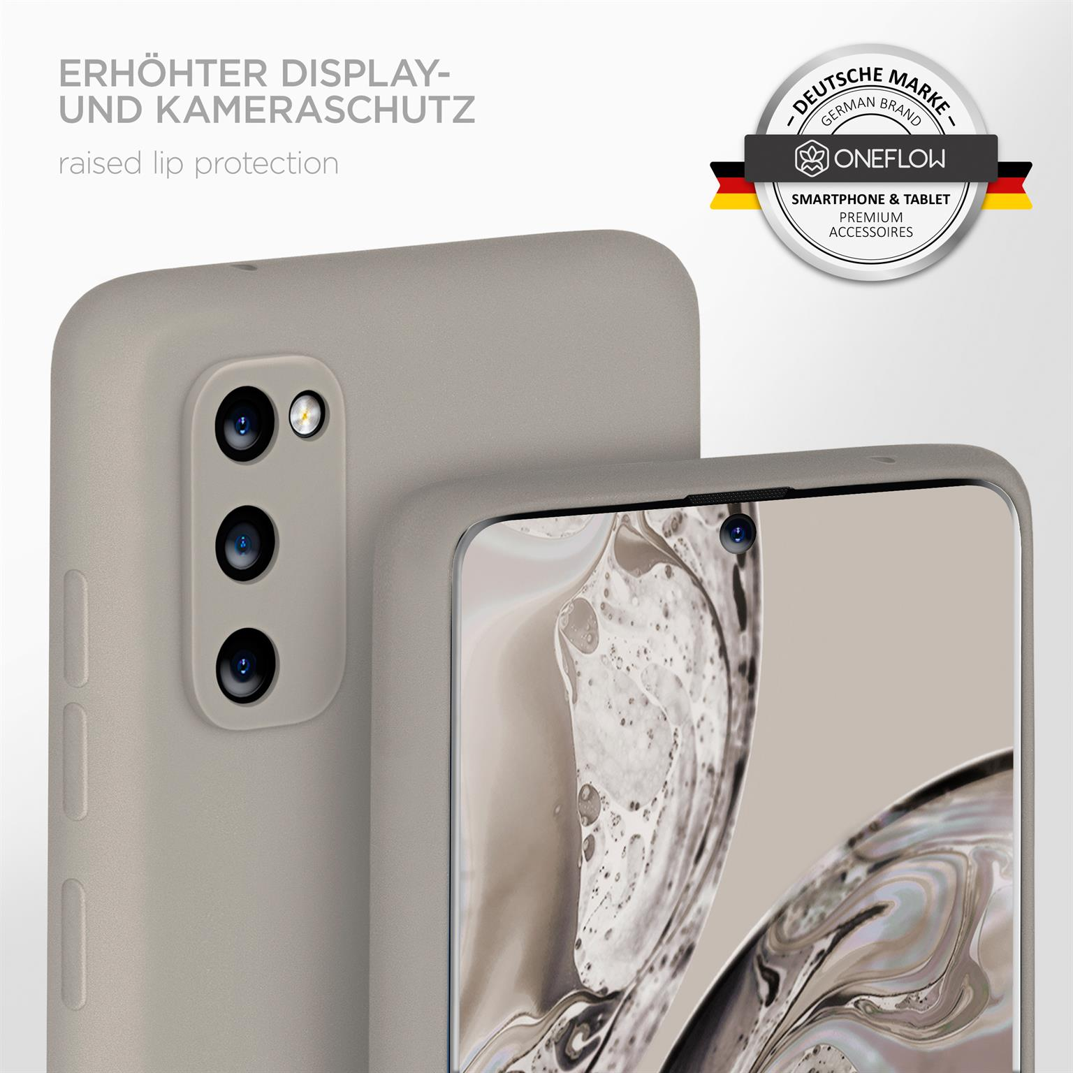 Eine Handyhülle auf einem Telefon. Die Hülle hat eine hellgraue Farbe. Der Hintergrund ist unscharf.