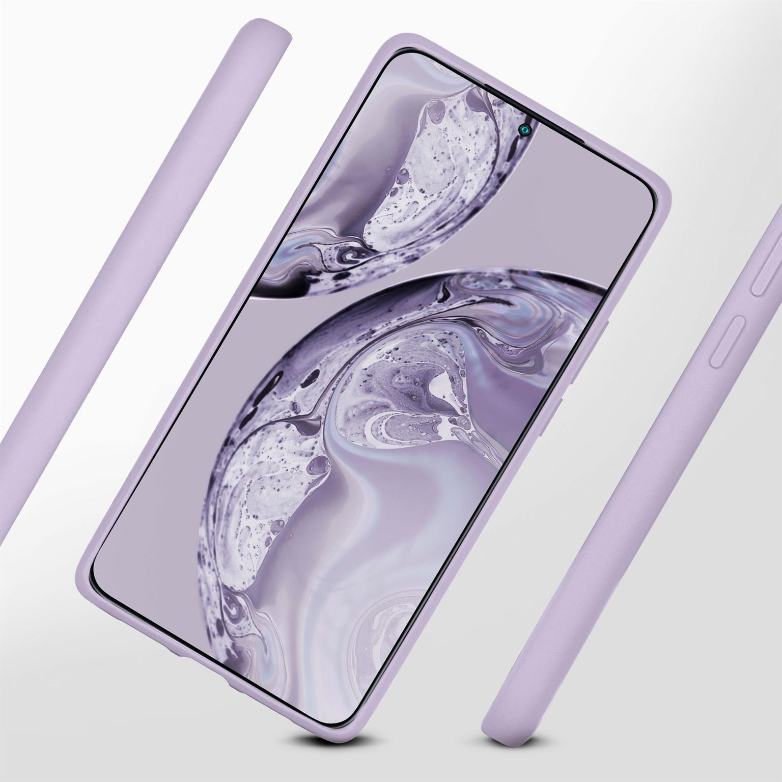 Ein lavendelfarbenes Telefon in einem lavendelfarbenen Gehäuse. Mehrere Lavendelgehäuseteile um das Telefon.