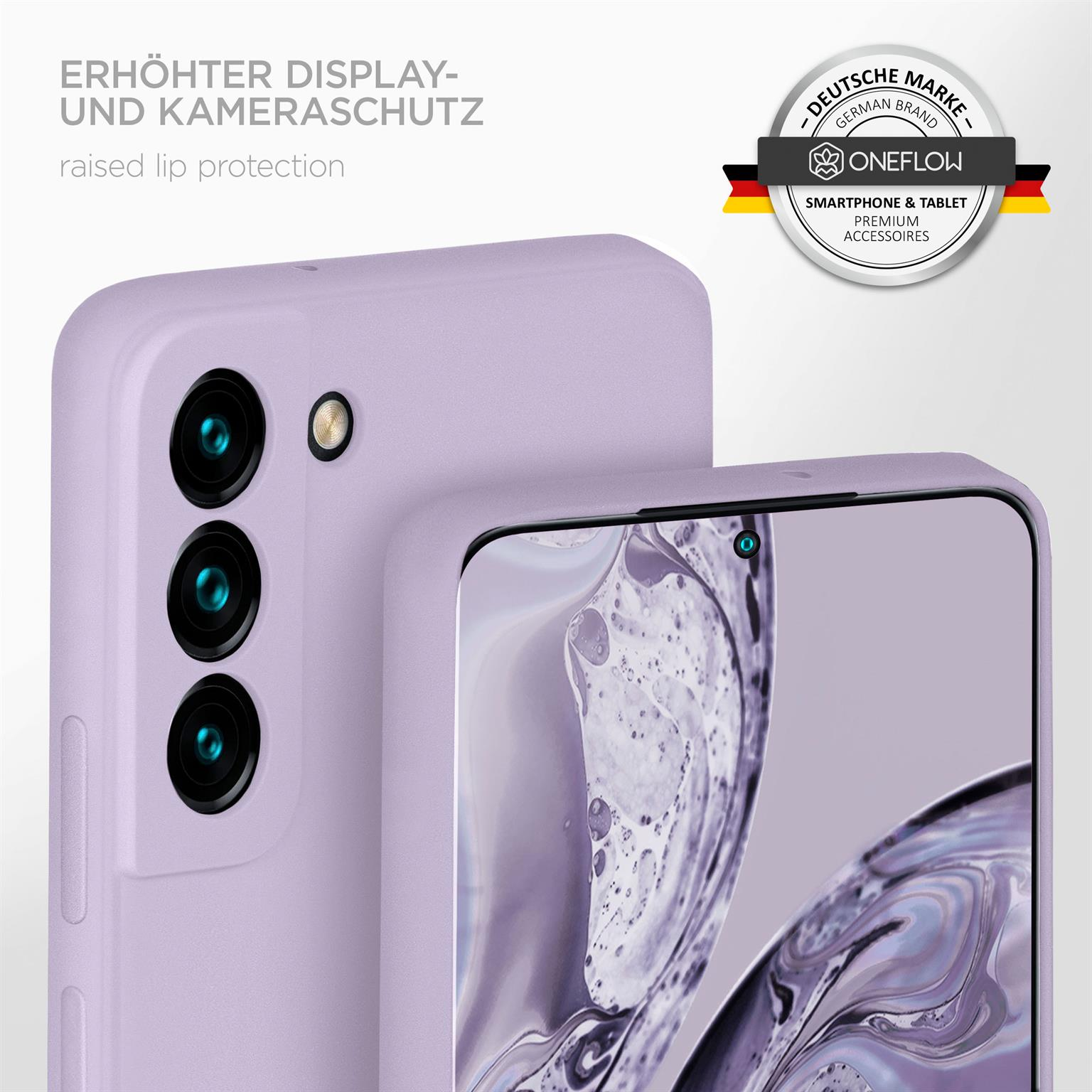 Lila Handyhülle mit Telefon, erhöhter Lippenschutz und Oneflow-Logo.