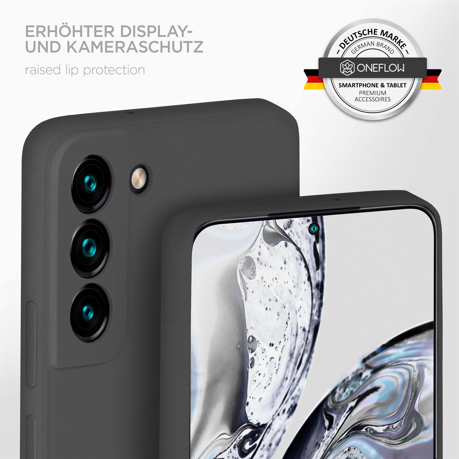 Nahaufnahme eines Telefons mit erhöhtem Lippenschutz. Ein Logo befindet sich im Hintergrund.