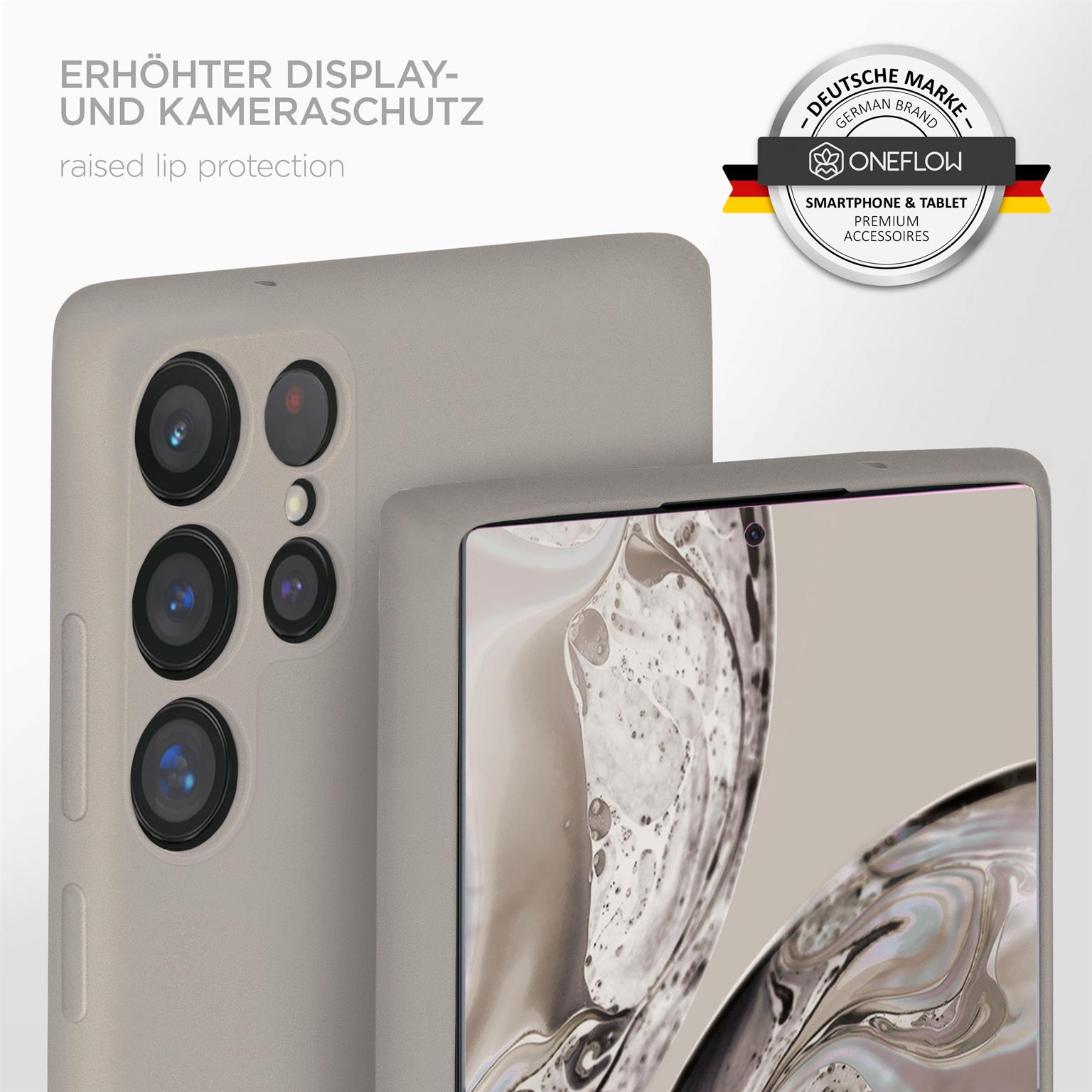 Handyhülle mit Telefon, Nahaufnahme. Text: Erhöhter Displayschutz. Deutsches Markenlogo, ONEFLOW.
