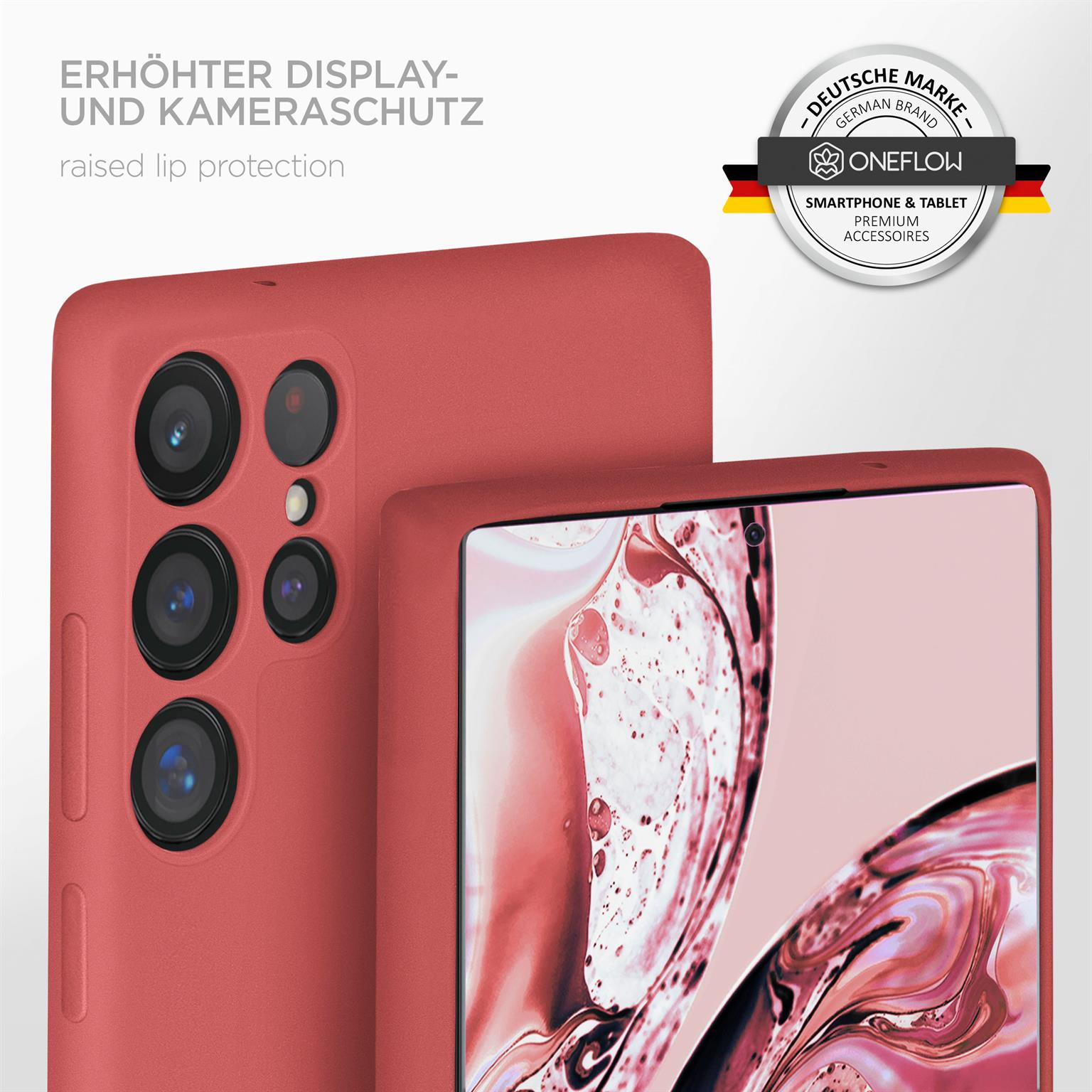 Rote Handyhülle und ein Telefon. Text oben. Weißer Hintergrund.