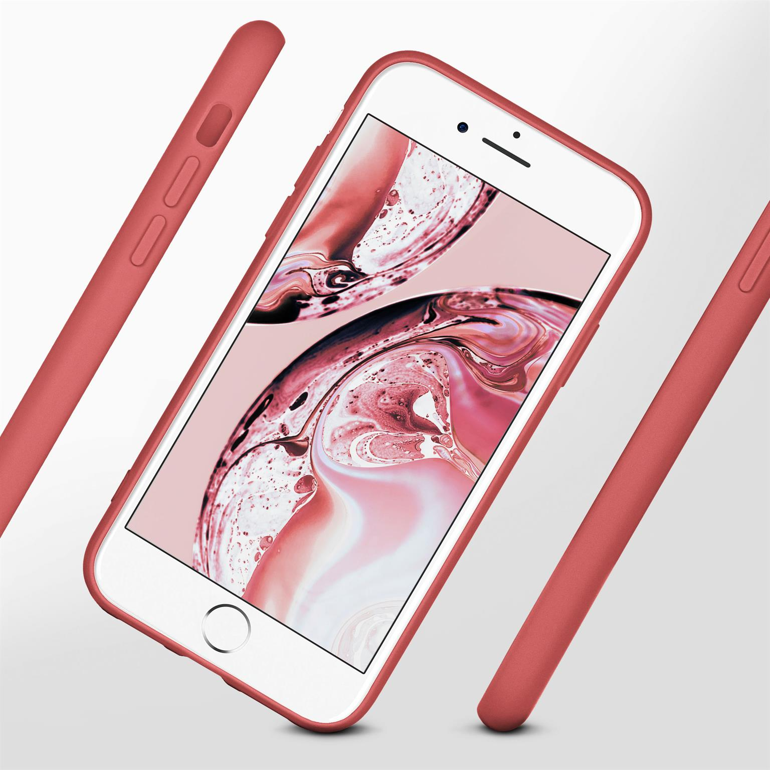 Ein rotes Telefon mit roter Hülle und drei roten Rahmenteilen, auf weißem Hintergrund.