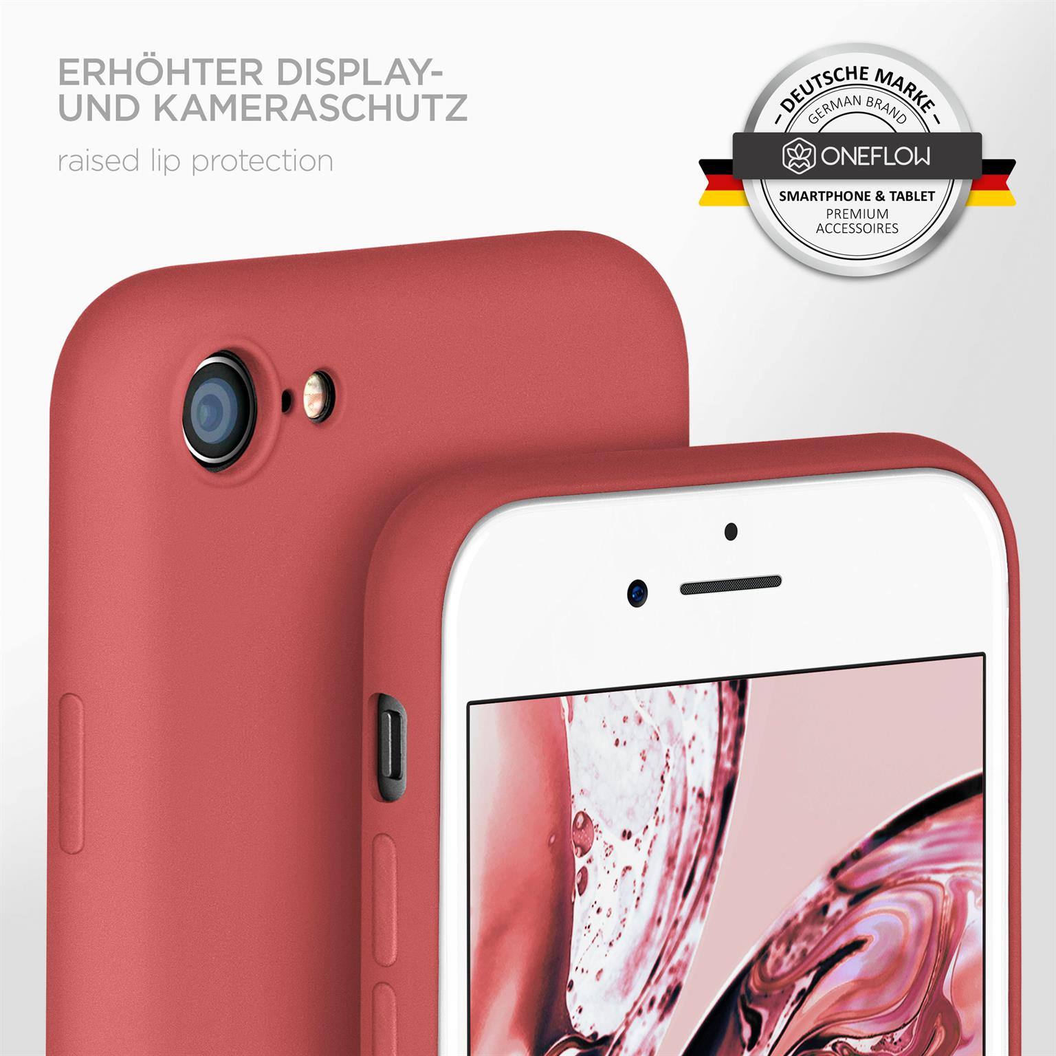 Zwei rote Handyhüllen, eine mit einem Telefon, das einen weißen Bildschirm und ein Logo zeigt.