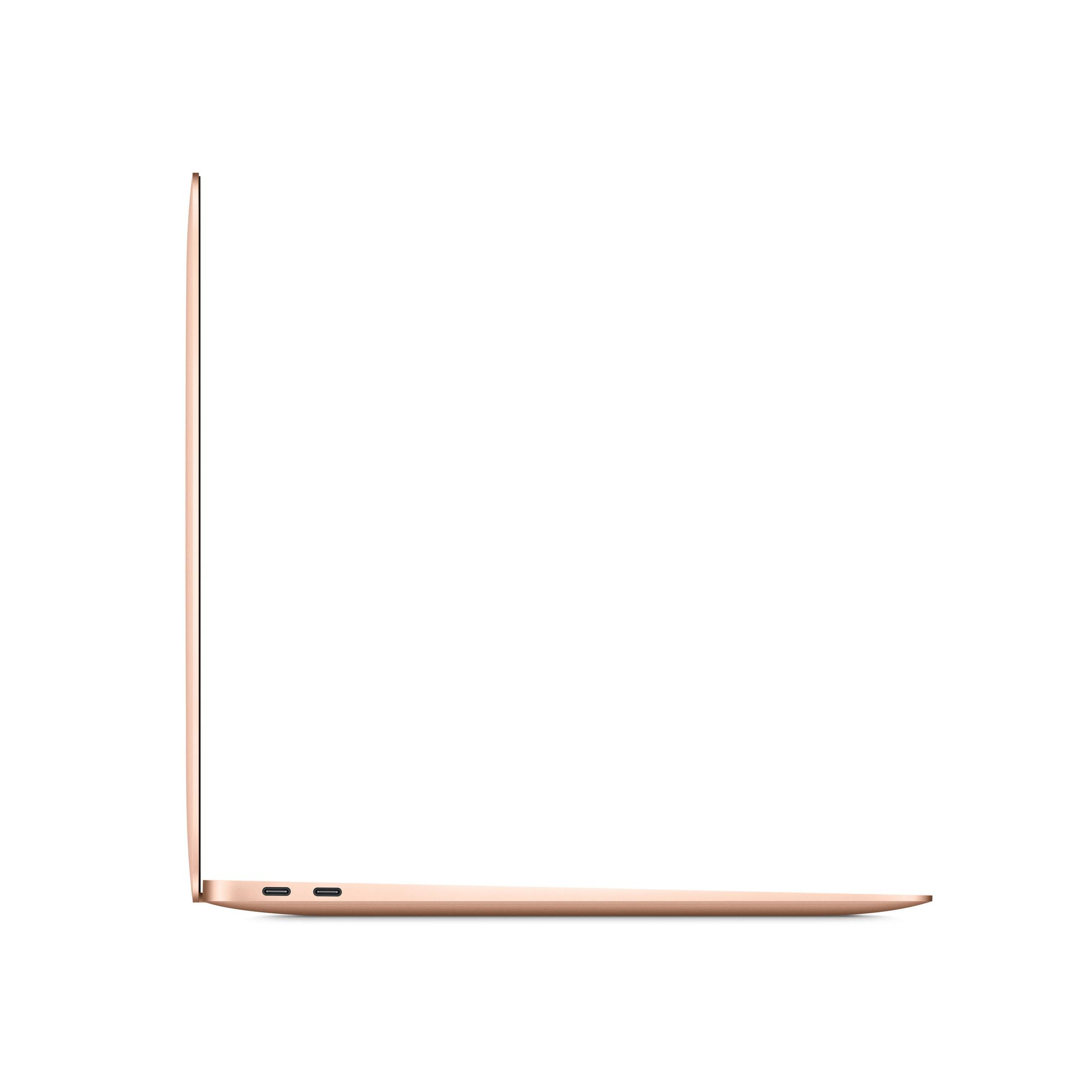 Seitenansicht eines roségoldenen Laptops auf weißem Hintergrund.
