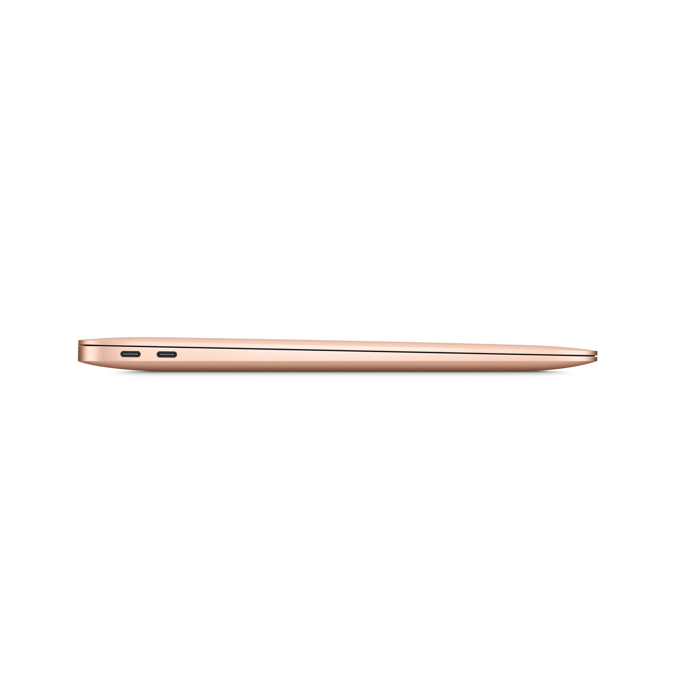 Seitenansicht eines goldenen Laptops, zeigt das schlanke Profil und die Anschlüsse.