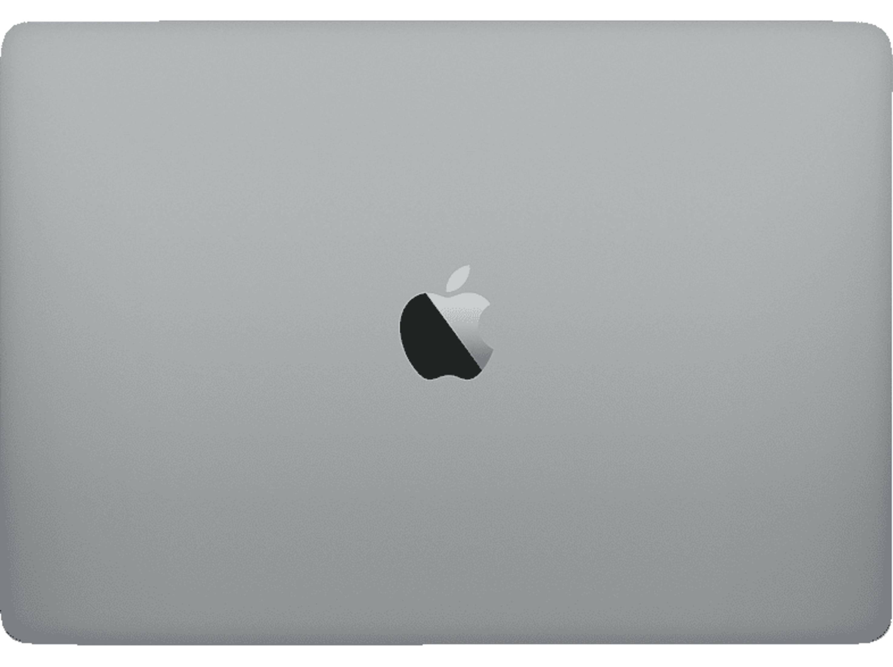 Retro di un laptop Apple argentato con logo Apple al centro. Sfondo bianco.