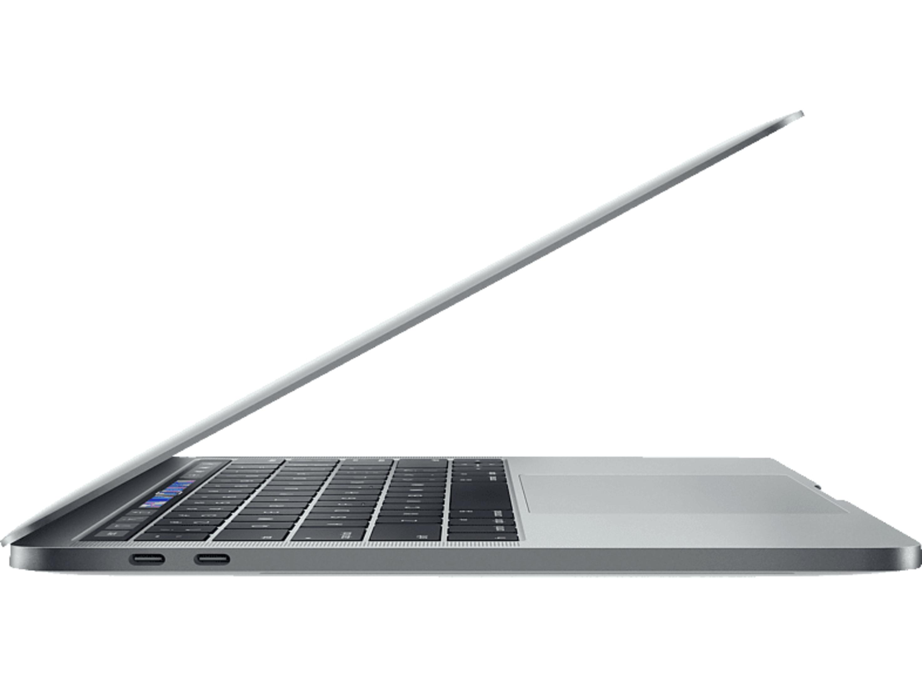 Laptop argentato con coperchio aperto, vista laterale, sfondo bianco, tastiera parzialmente visibile.