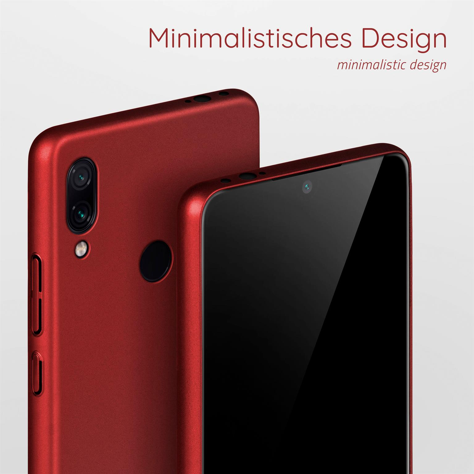Rote Handyhülle auf einem Telefon. Text 'Minimalistisches Design'.