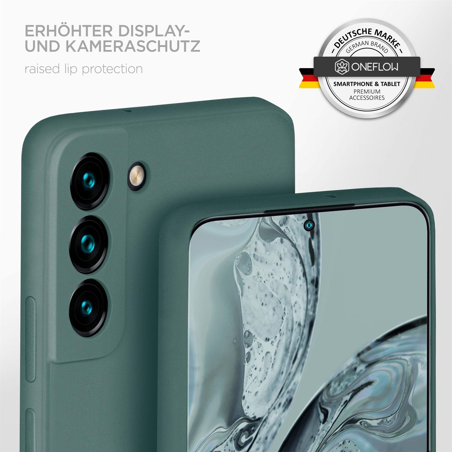 Grüne Handyhülle mit erhöhtem Lippenschutz. Hintergrund: eine weitere grüne Hülle und ein deutsches Markenlogo.
