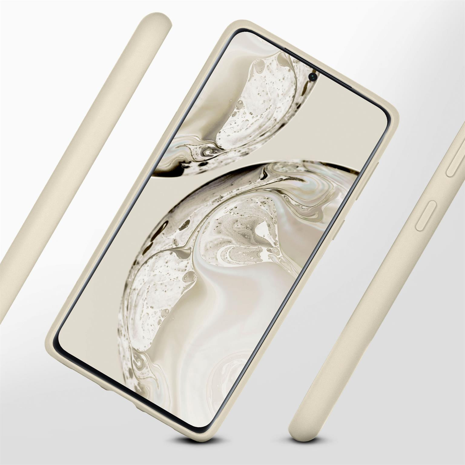 Smartphone in hellbeiger Hülle. Gehäusedesign mit Kamera- und Bildschirmschutz.