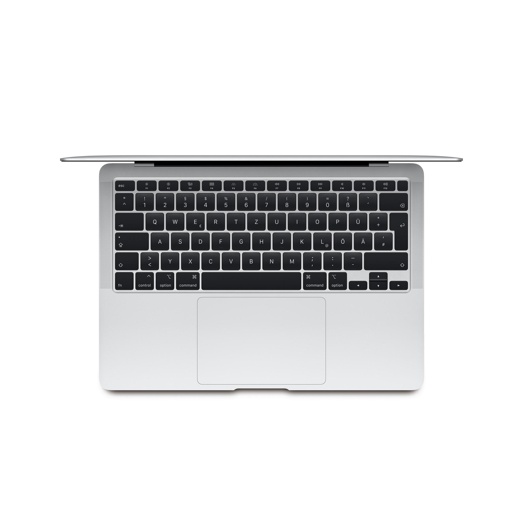Silberner Laptop, Draufsicht, Tastatur sichtbar, mit Trackpad, auf weißem Hintergrund.