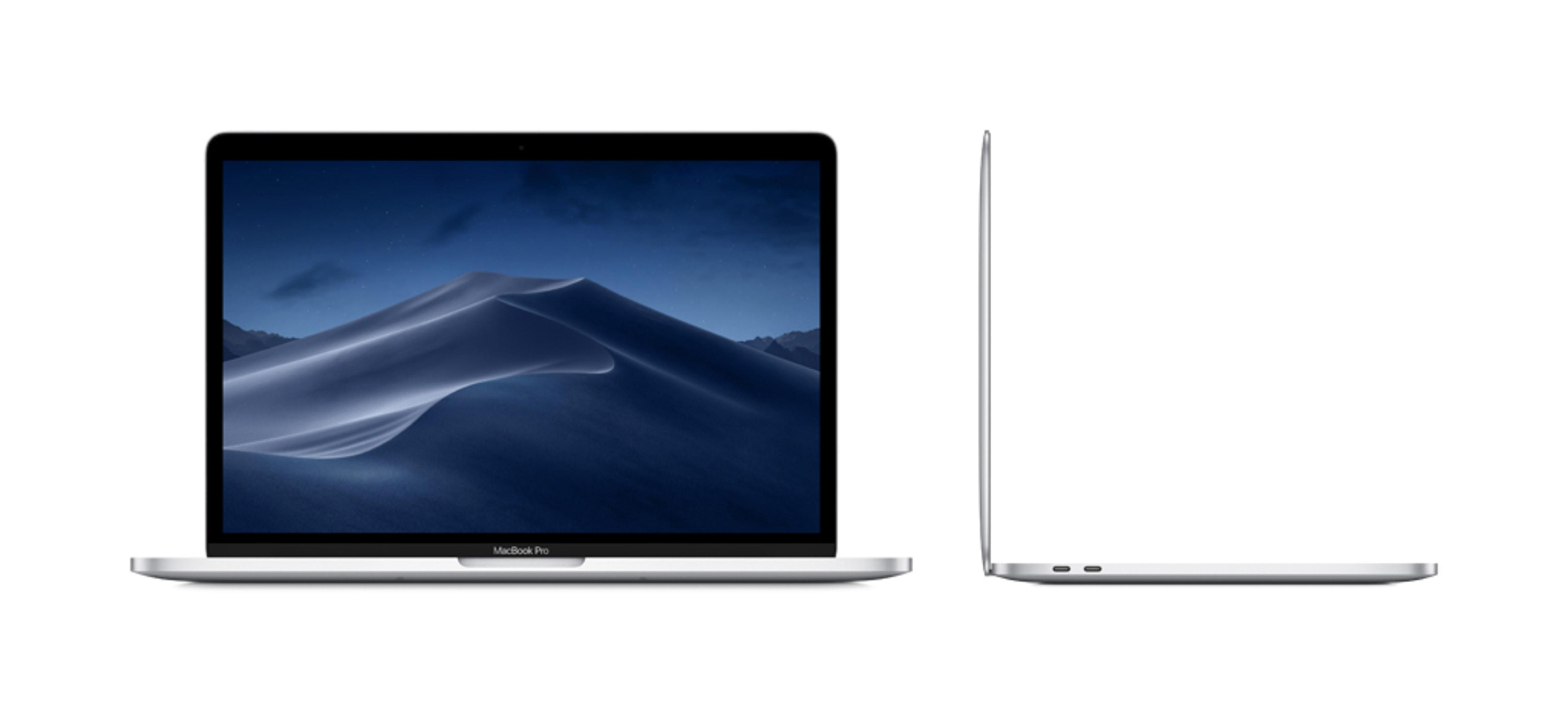MacBook Pro, Seiten- und Vorderansicht, auf weißem Hintergrund. Der Bildschirm zeigt eine Landschaft.