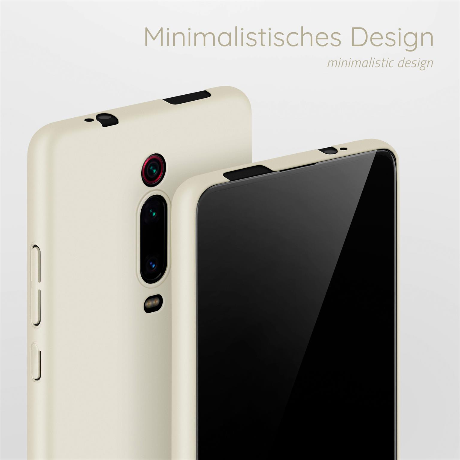 Zwei cremefarbene Handyhüllen. Text: Minimalistisches Design.