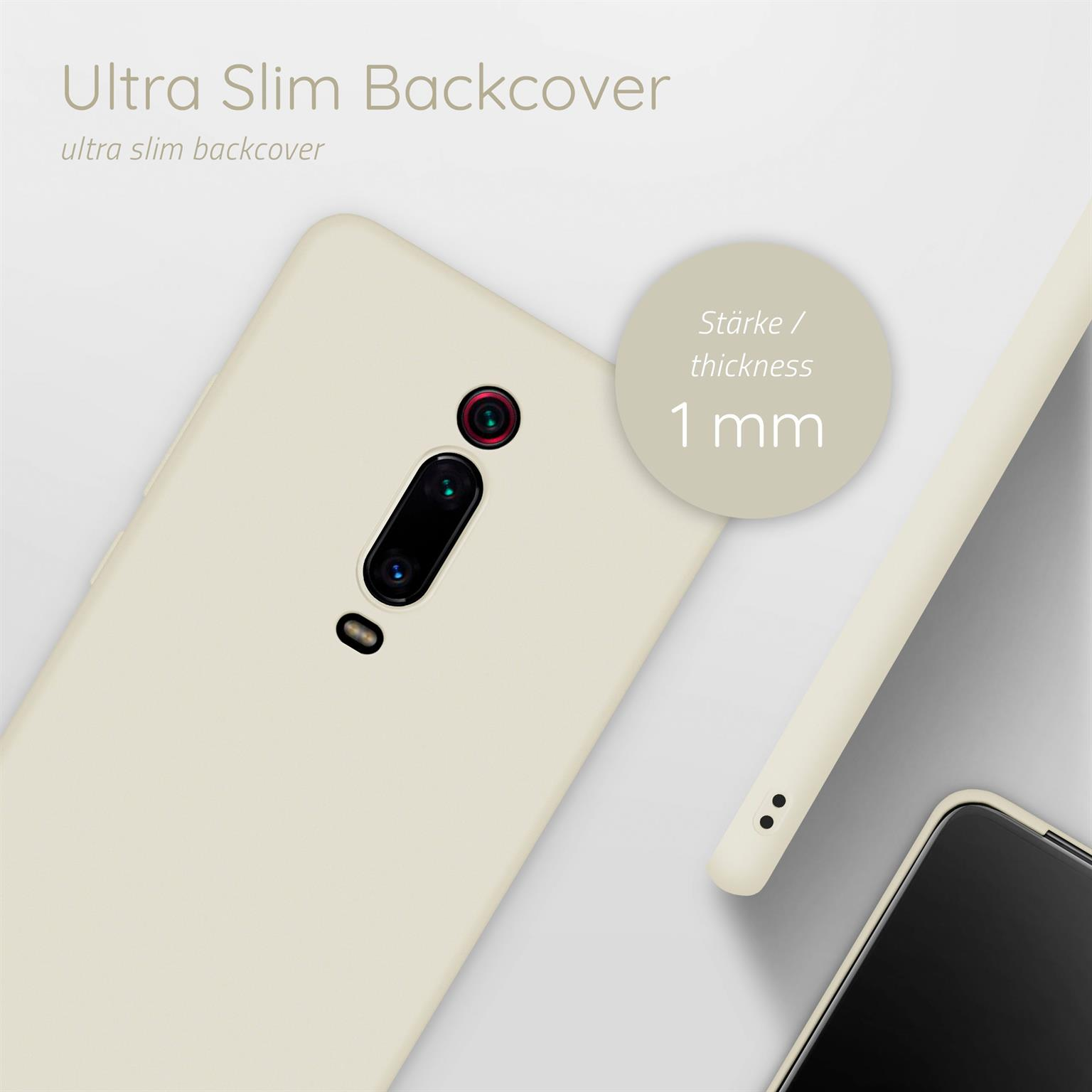 Ein Telefon in einer cremefarbenen Hülle liegt vor weißem Hintergrund. Ein Detail von 1 mm Dicke wird hervorgehoben.