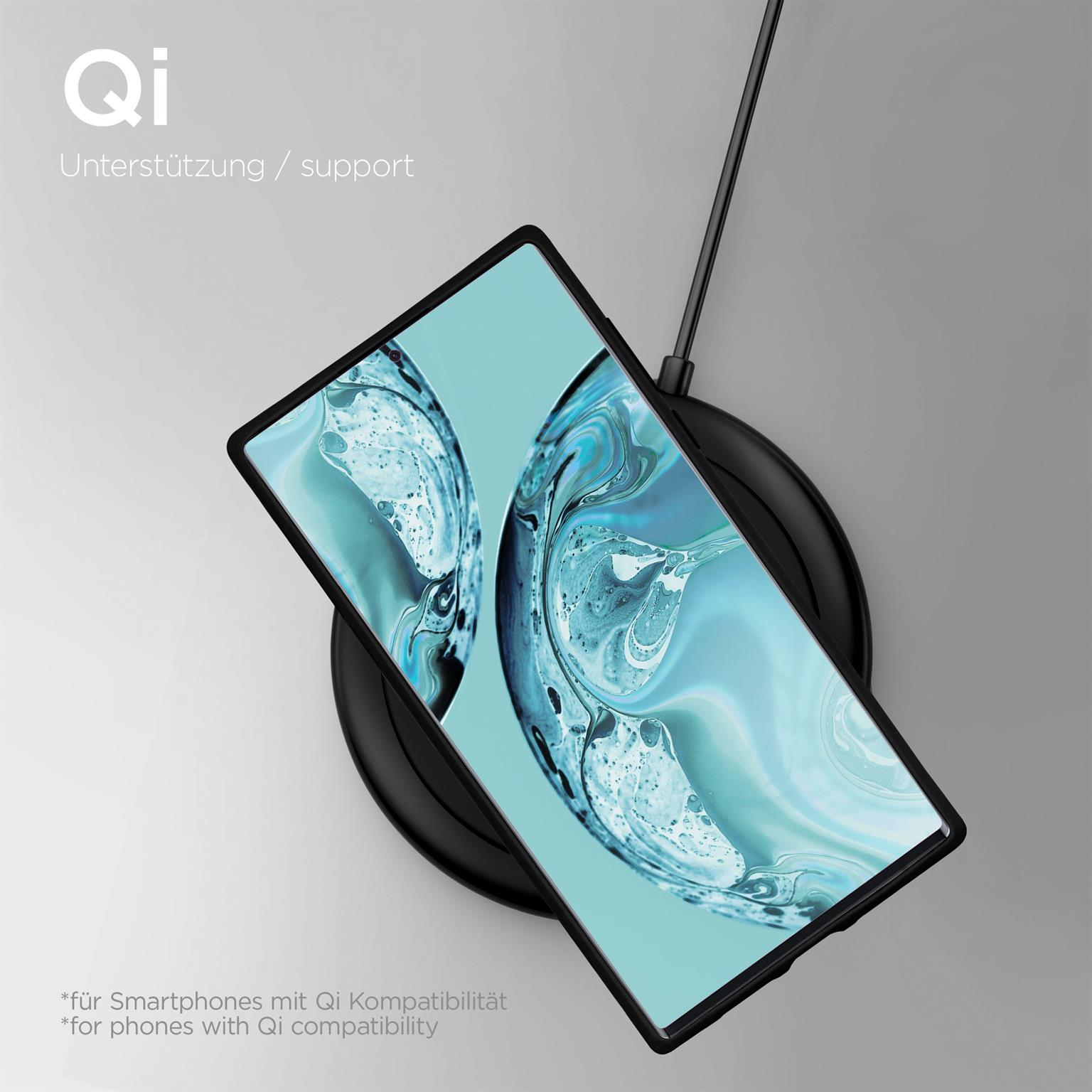 Smartphone lädt auf kabellosem Ladegerät. Der Bildschirm ist blau.