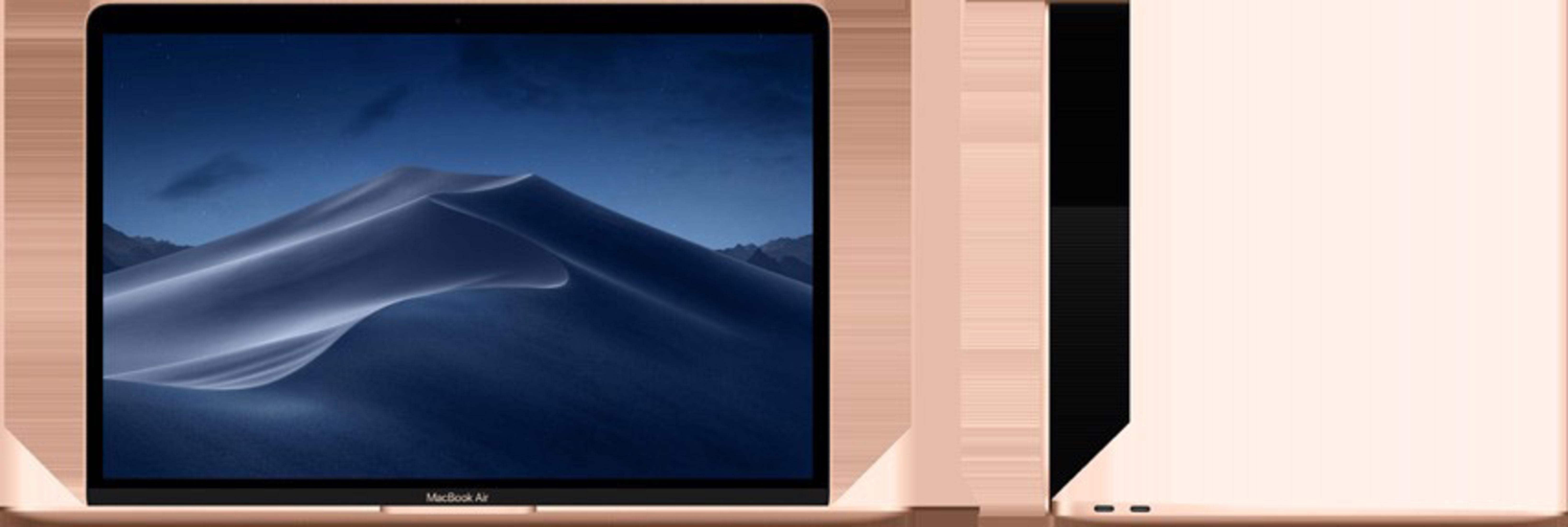 Ein goldenes MacBook Air Laptop geöffnet und eine Seitenansicht. Der Bildschirm zeigt eine Wüstenlandschaft.