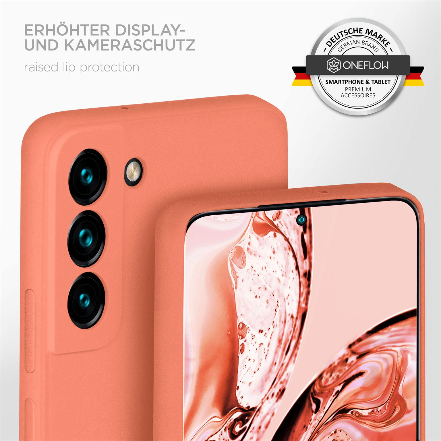Zwei korallenfarbene Handyhüllen, eine zeigt Kameralinsen. Text: Erhöhter Display- und Kameraschutz.