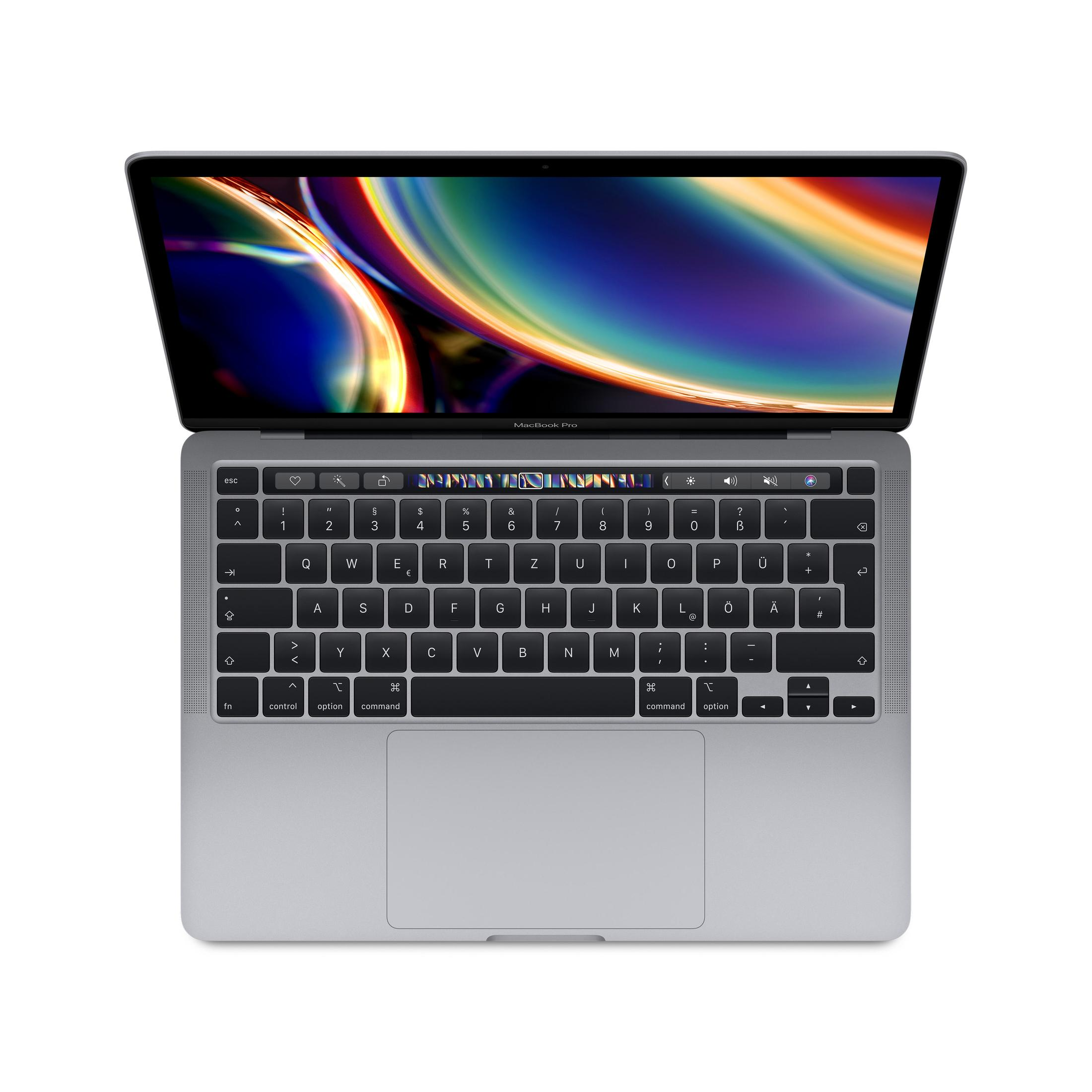 Szary laptop Macbook Pro jest otwarty, wyświetlając kolorową tapetę.