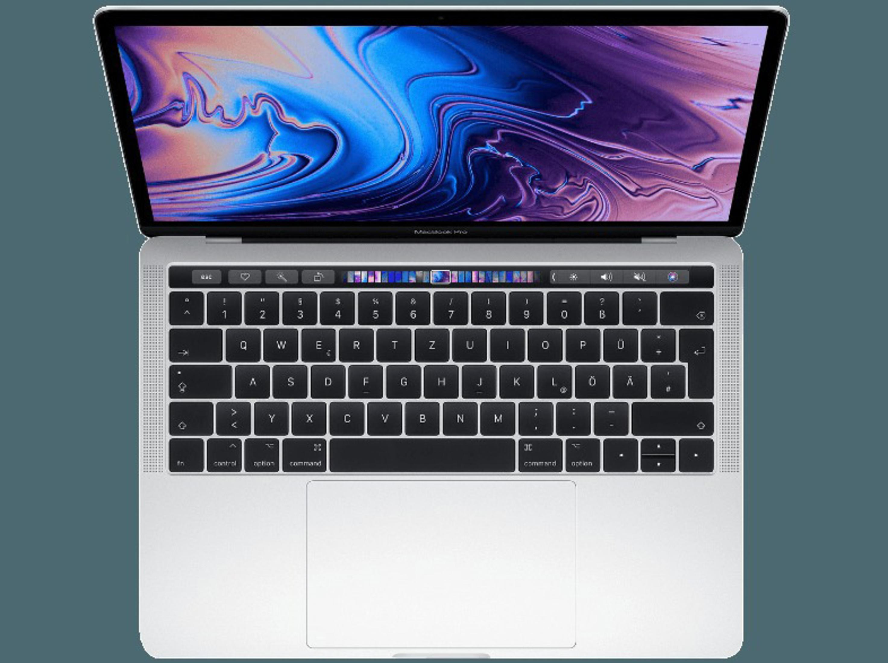 Portátil MacBook Pro plateado, abierto. Teclado visible, con pantalla abierta mostrando imagen colorida.