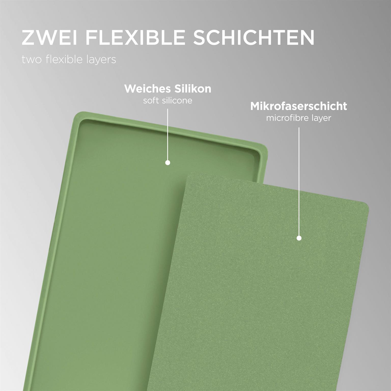 Grüne Handyhülle, gehalten, mit Federn und Text auf weißem Hintergrund.
