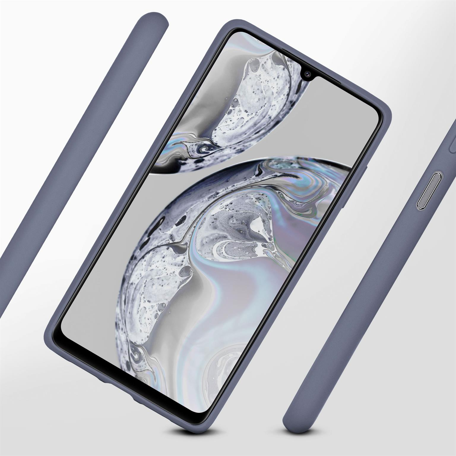 Blaue Handyhülle mit Telefon. Hülle umgibt das Telefon. Grauer Hintergrund.