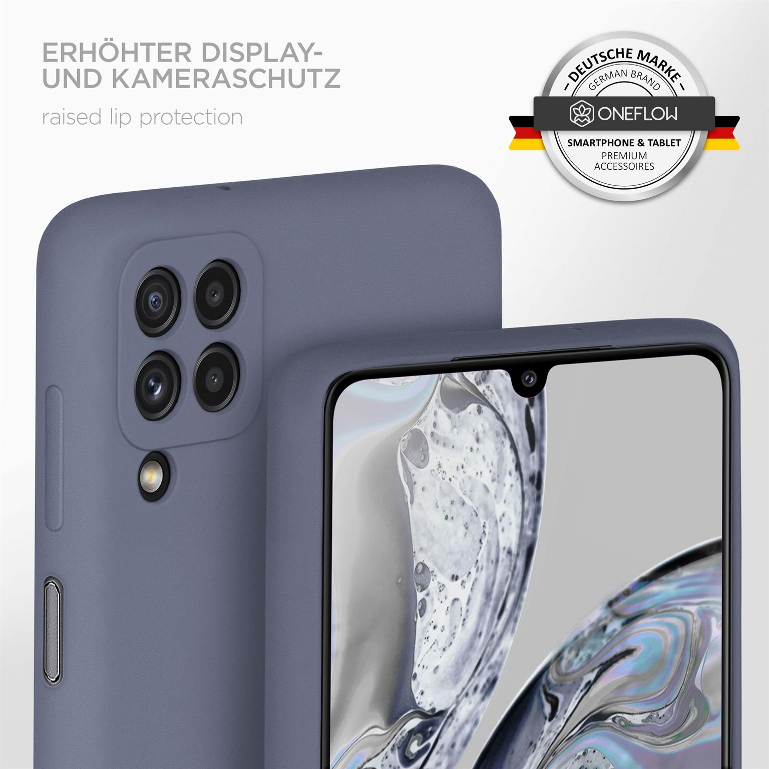 Telefon in grauem Case, Text 'Erhöhter Display- und Kameraschutz'.