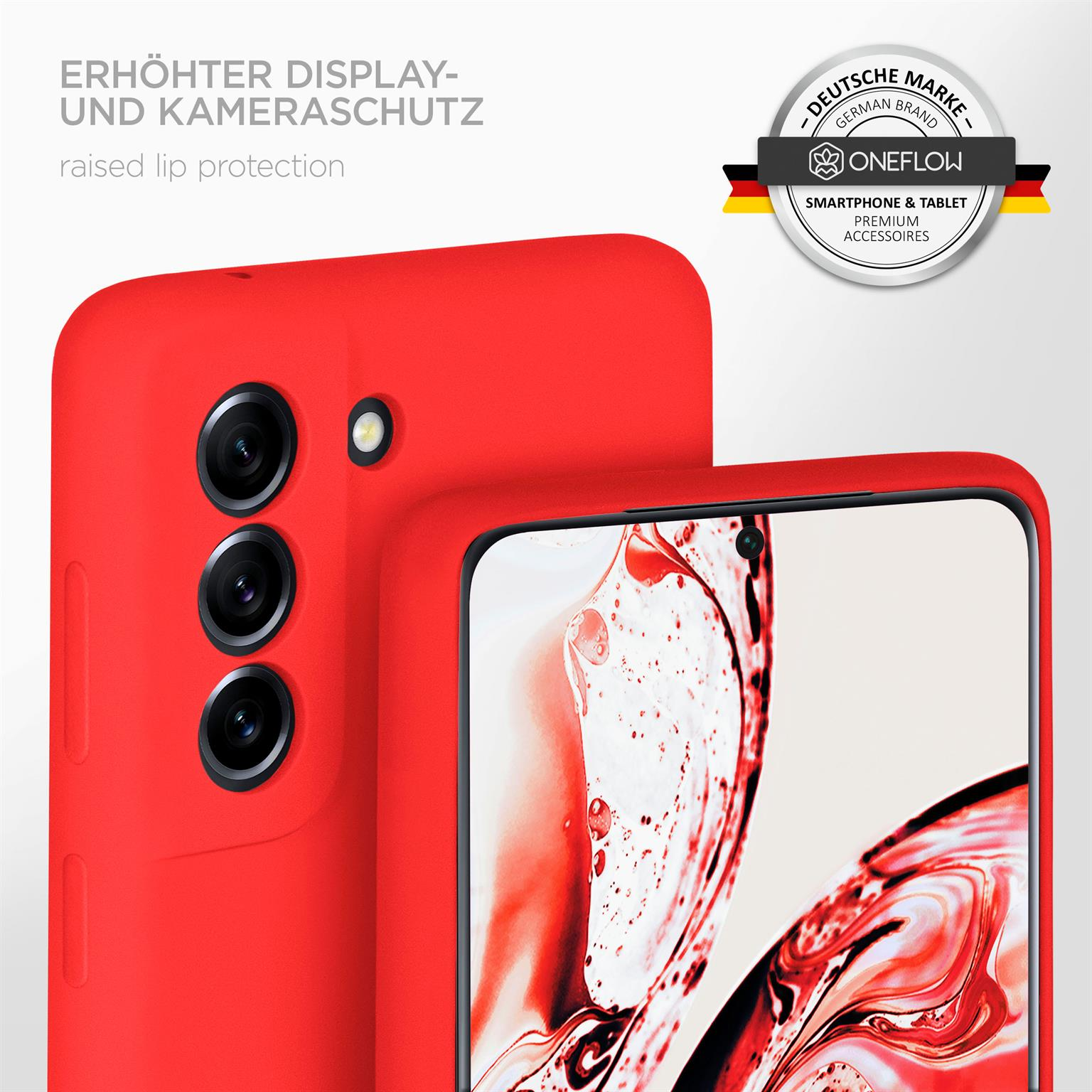 Rote Handyhülle mit Telefon. Erhöhter Lippenschutz. Der Hintergrund ist hell.