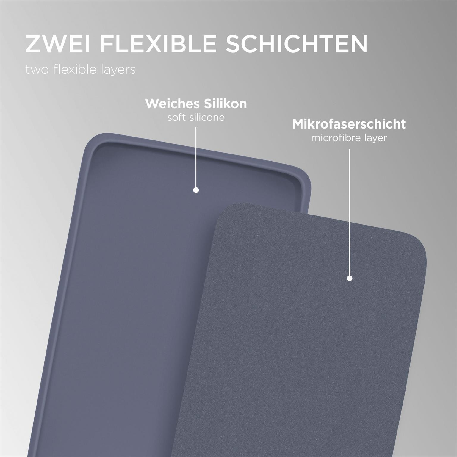 Zwei Schichten einer Handyhülle. Oben weiches Silikon, unten eine Mikrofaser-Schicht. Grauer Hintergrund.