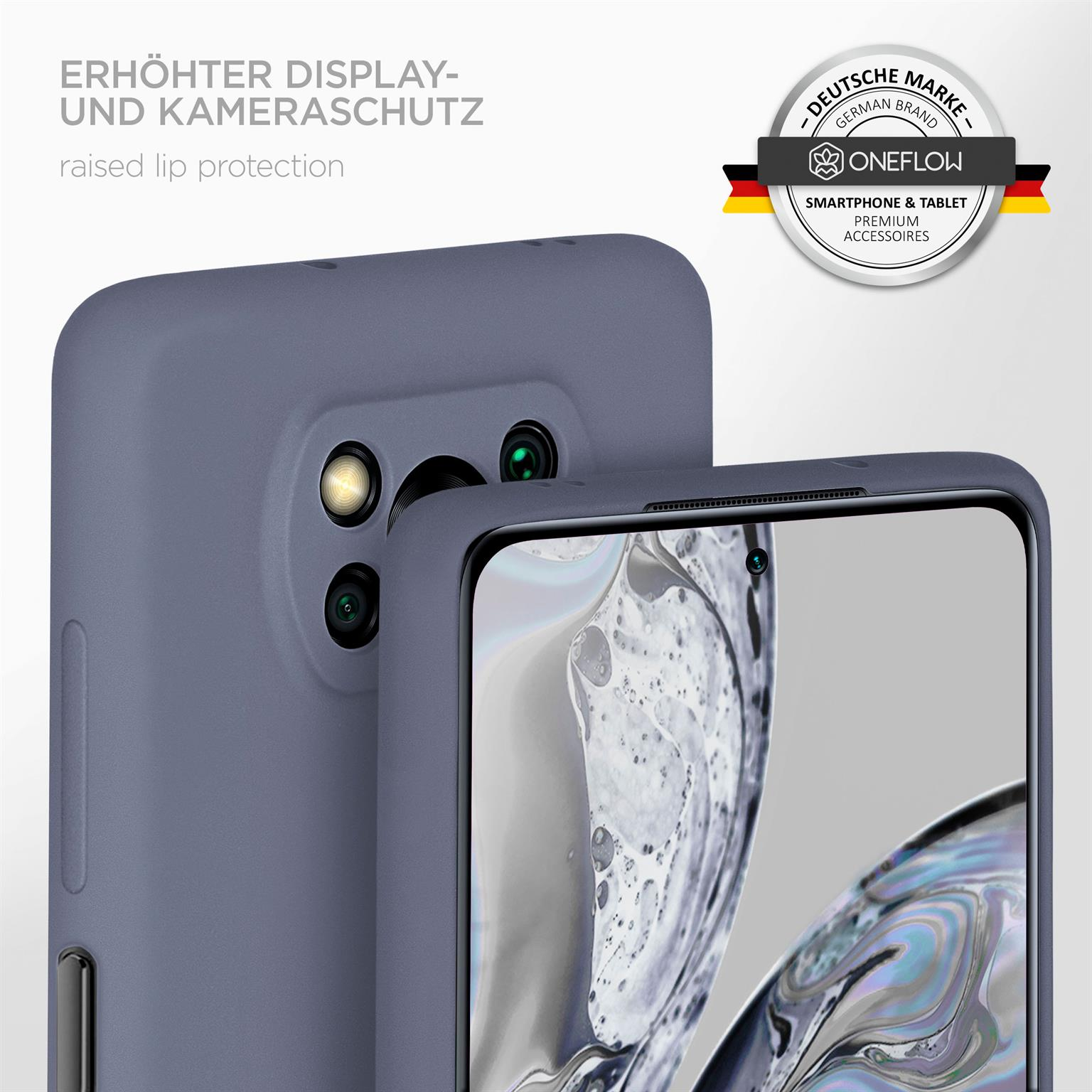 Nahaufnahme einer Handyhülle mit erhöhten Kanten, das Telefon teilweise sichtbar. Ein Logo im Hintergrund.