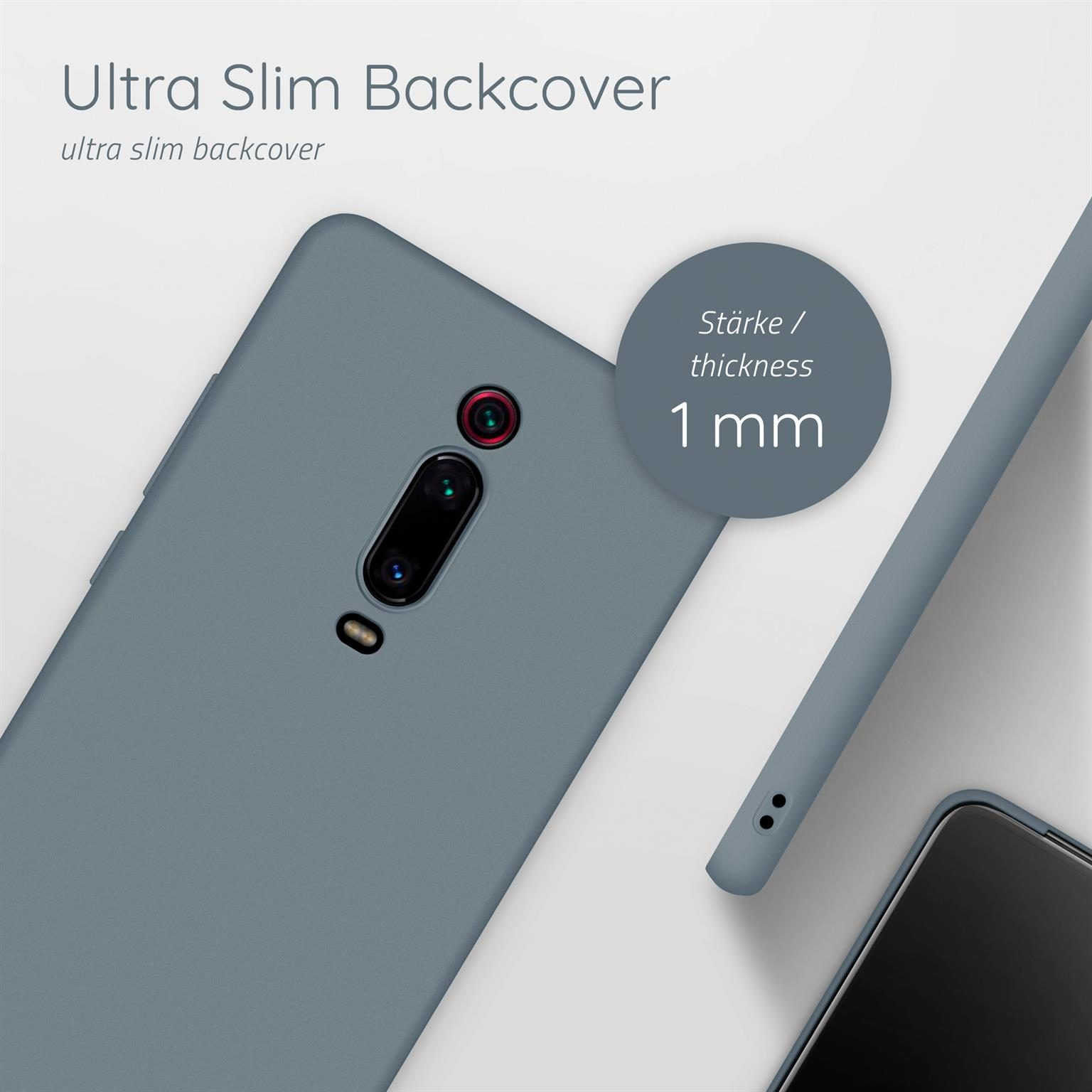 Blaue Handyhülle auf einem Telefon. Die Hülle ist 1 mm dick. Das Telefon hat Kamera und Blitz.