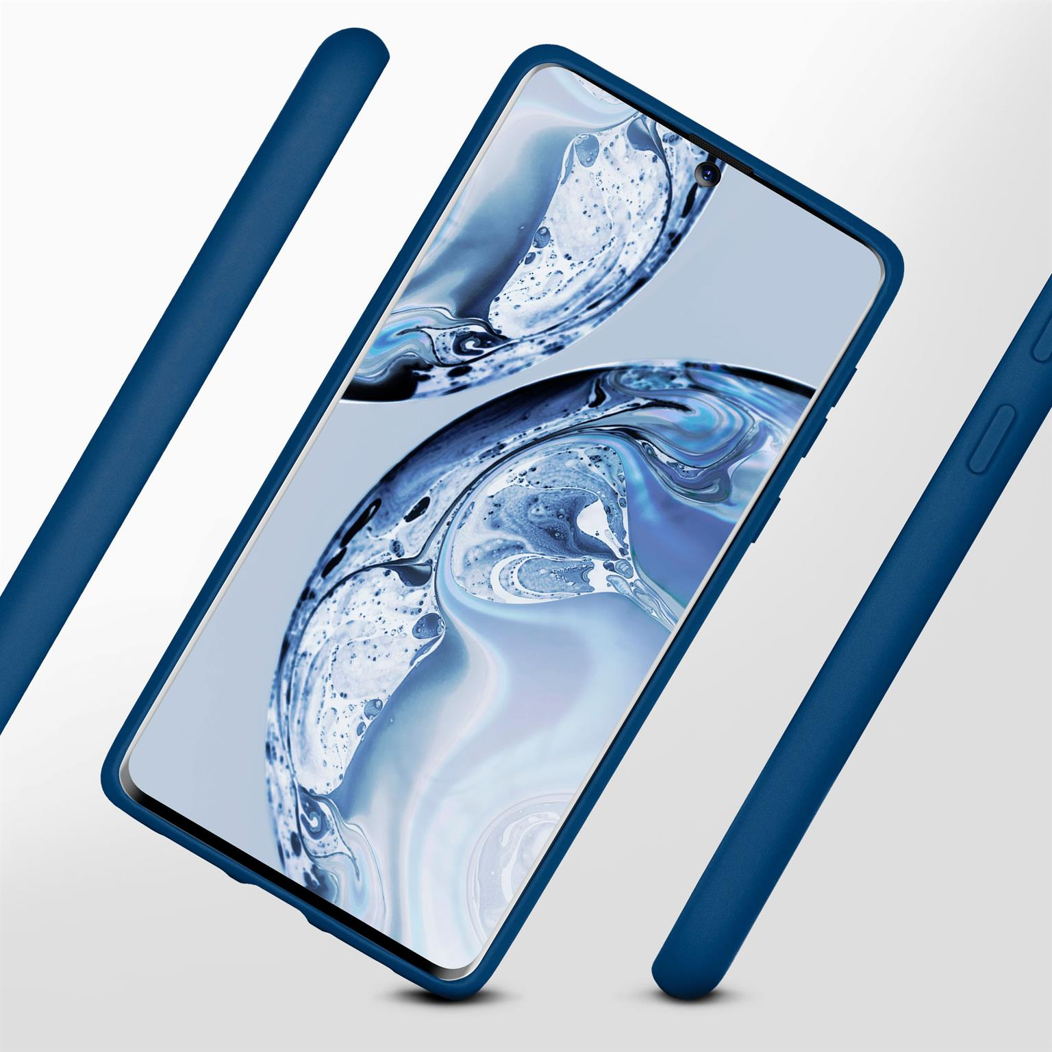 Eine blaue Handyhülle mit einem Telefon darin. Drei blaue Balken sind um das Telefon platziert.