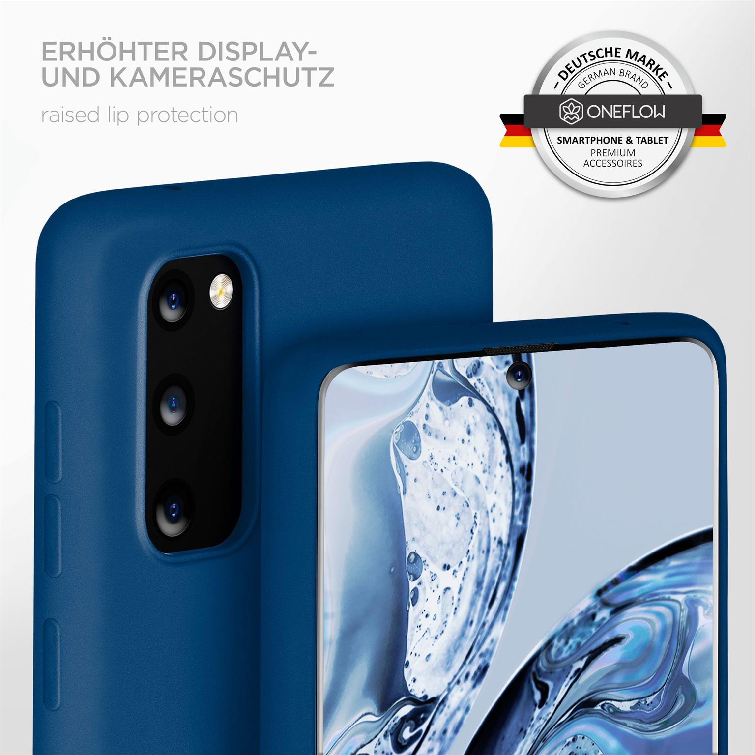 Nahaufnahme einer blauen Handyhülle auf einem Telefon. Die Hülle hat erhöhten Lippenschutz.