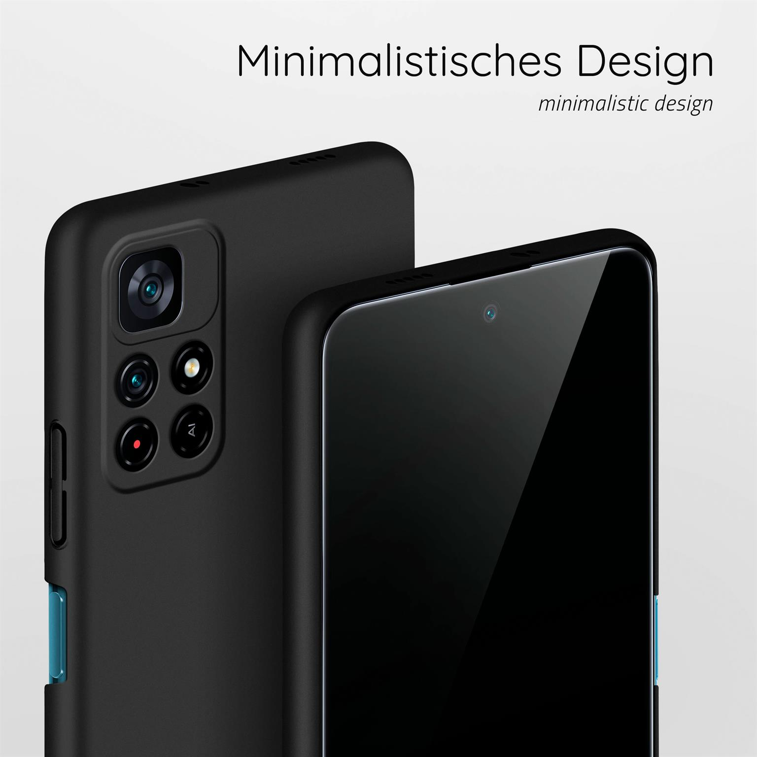 Zwei schwarze Telefone, eines in einer Hülle, mit dem Text 'Minimalistisches Design' darüber.