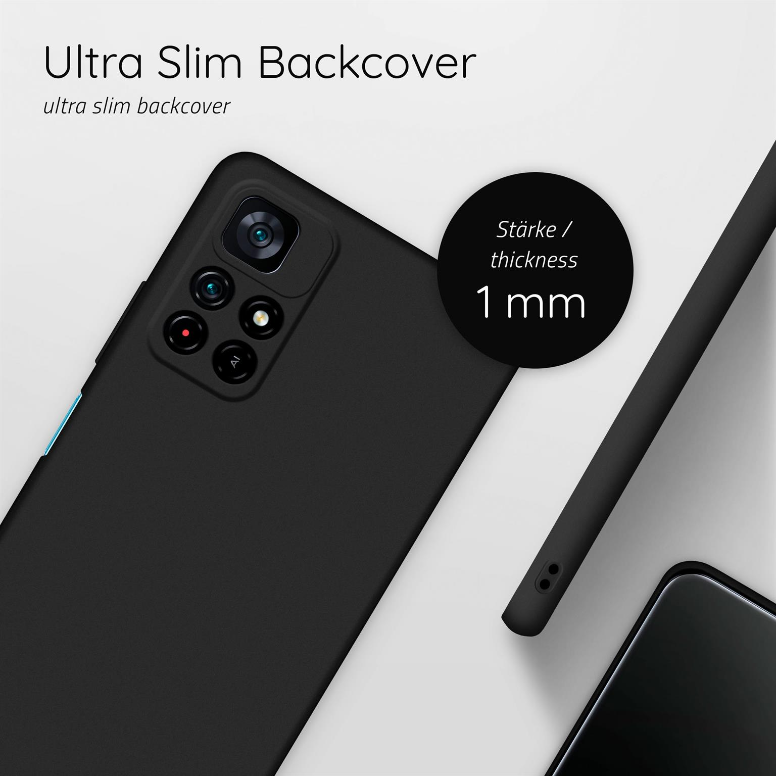 Schwarze Handyhülle auf einer Oberfläche. Dicke 1 mm, Text Ultra Slim Backcover.