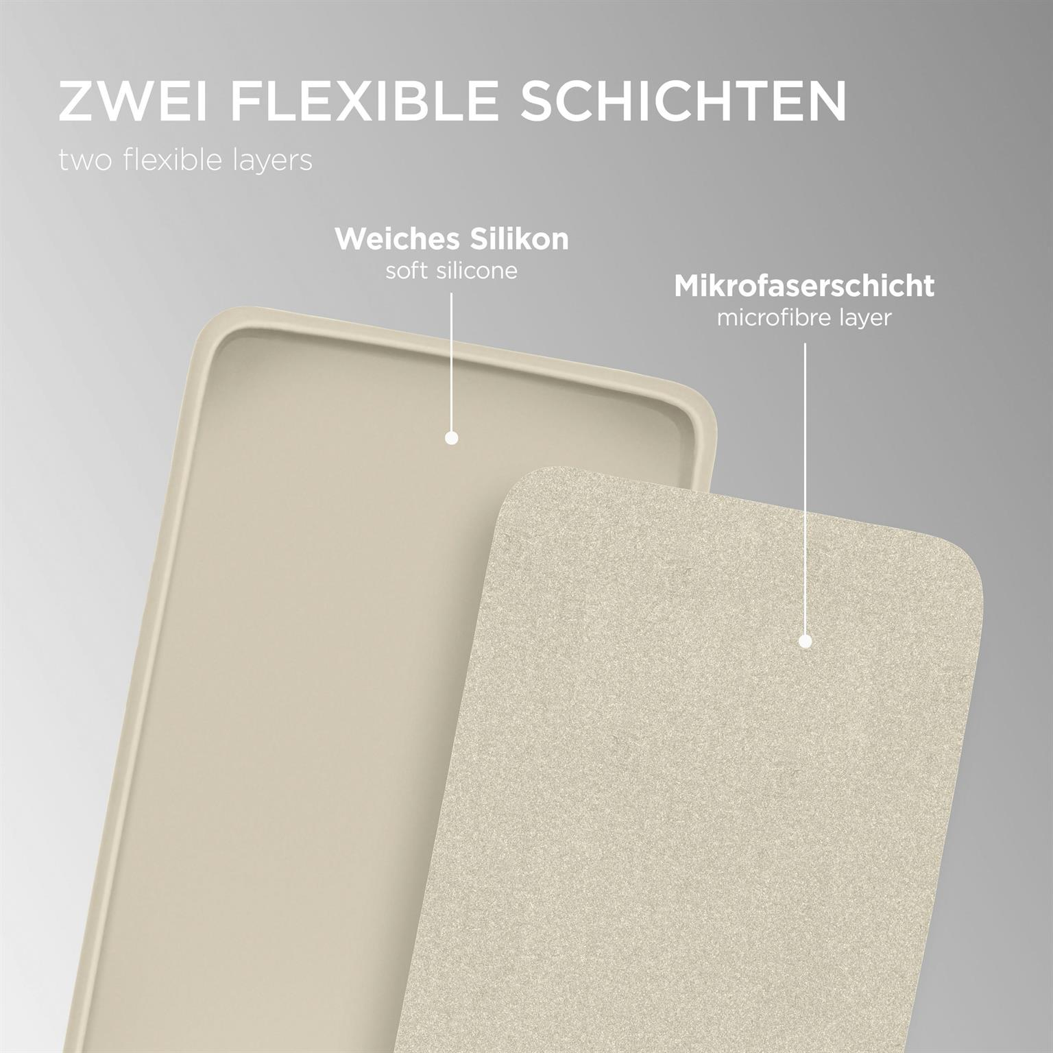 Zwei Schichten Handyhülle. Eine weiche Silikonschicht und eine Mikrofaserschicht. Beigetöne.