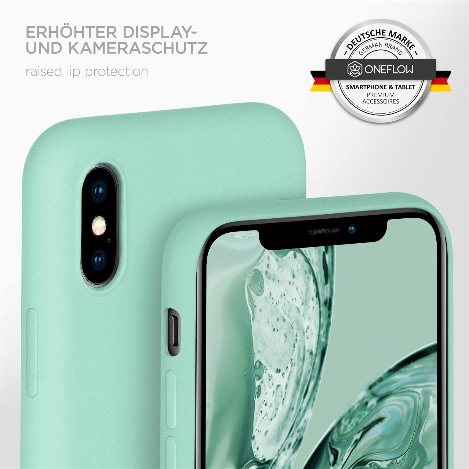 Zwei mintgrüne Handyhüllen, eine mit Telefon. Text: 'erhöhter Kameraschutz'.