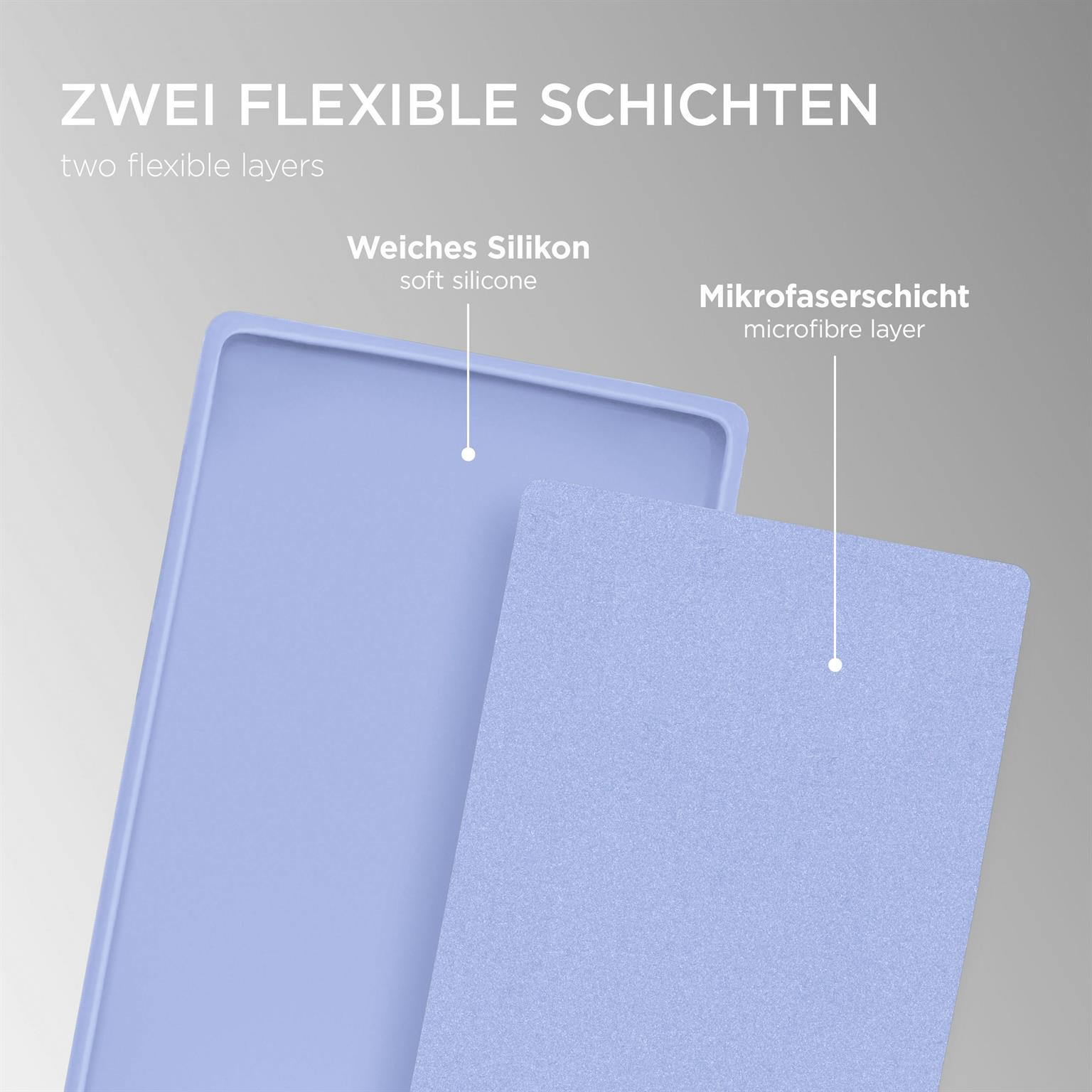 Zwei blaue Schichten, weiches Silikon und eine Mikrofaser-Schicht, werden gezeigt.