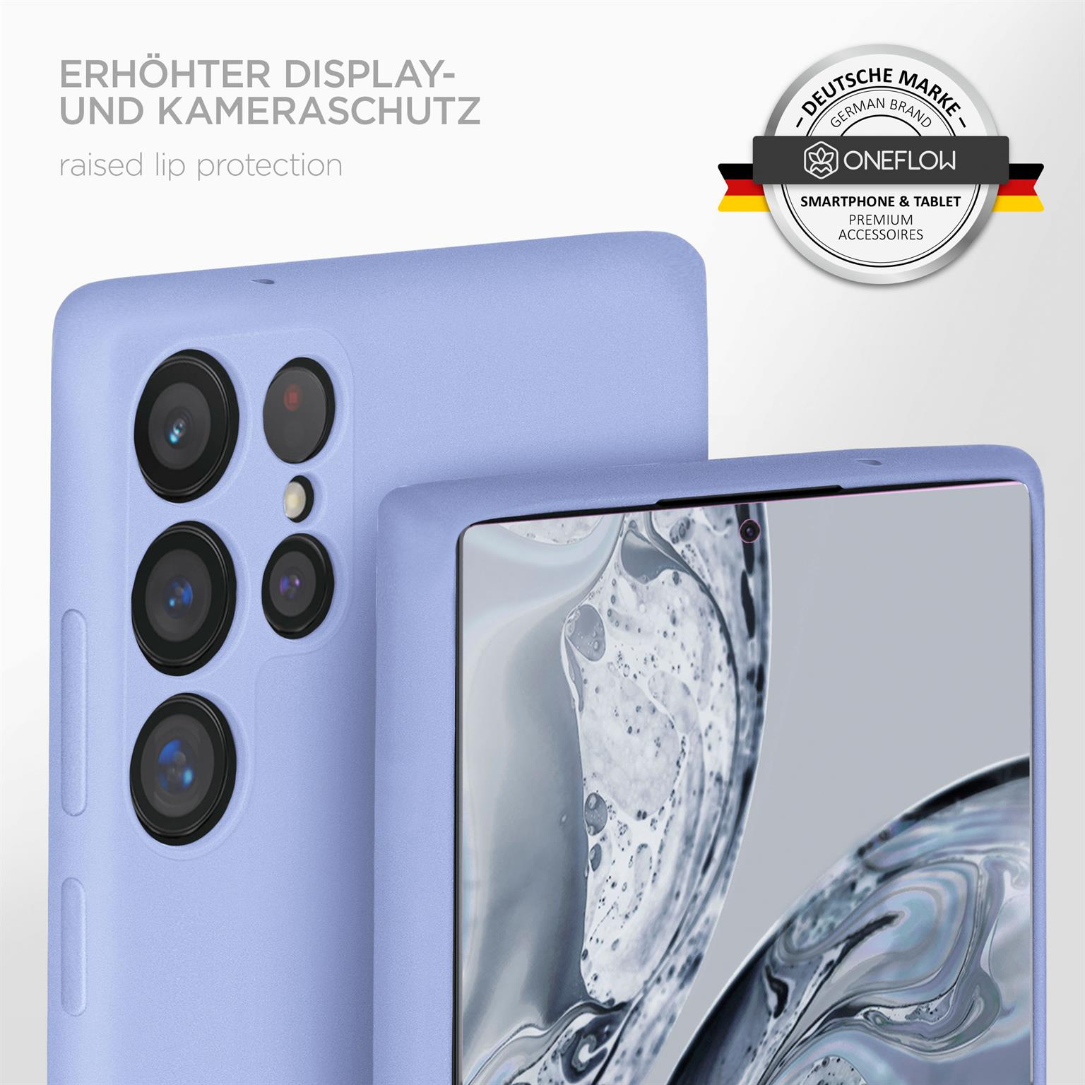 Eine Handyhülle mit erhöhtem Rand. Das Telefon befindet sich in einer lavendelfarbenen Hülle, die Kamera ist sichtbar.