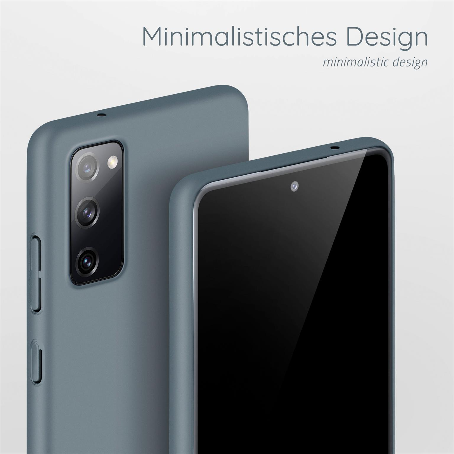 Blaue Handyhülle und Telefon mit minimalistischem Design. Das Telefon hat einen schwarzen Bildschirm und mehrere Kameras.