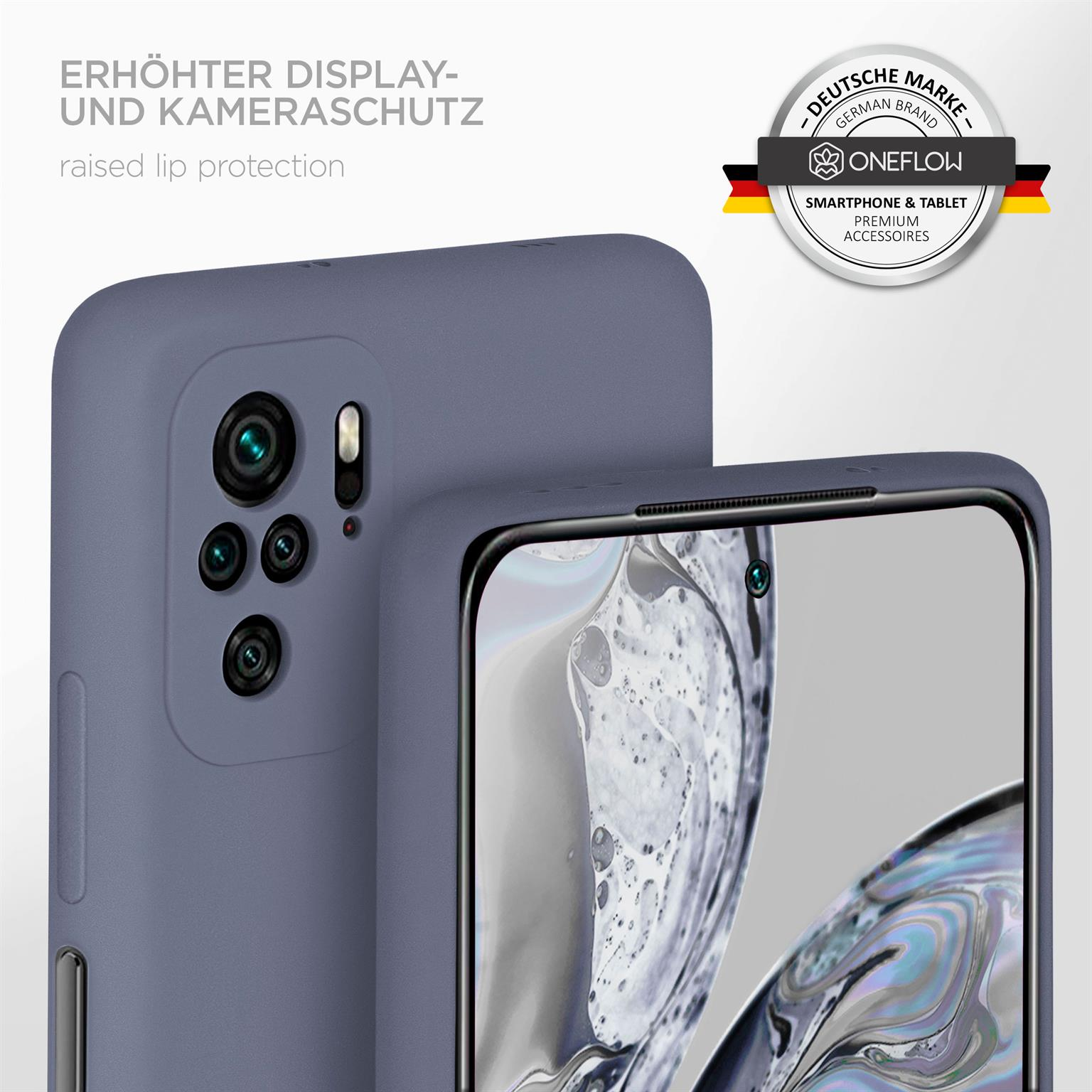 Telefon mit lila Hülle. Die Hülle hat eine erhöhte Lippe zum Schutz der Kamera. Deutsches Markenlogo sichtbar.