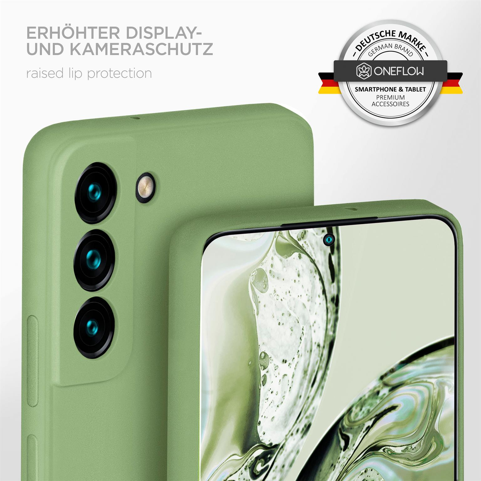 Grünes Telefon mit Hülle. Erhöhter Schutz für Display und Kamera. Oneflow-Logo.