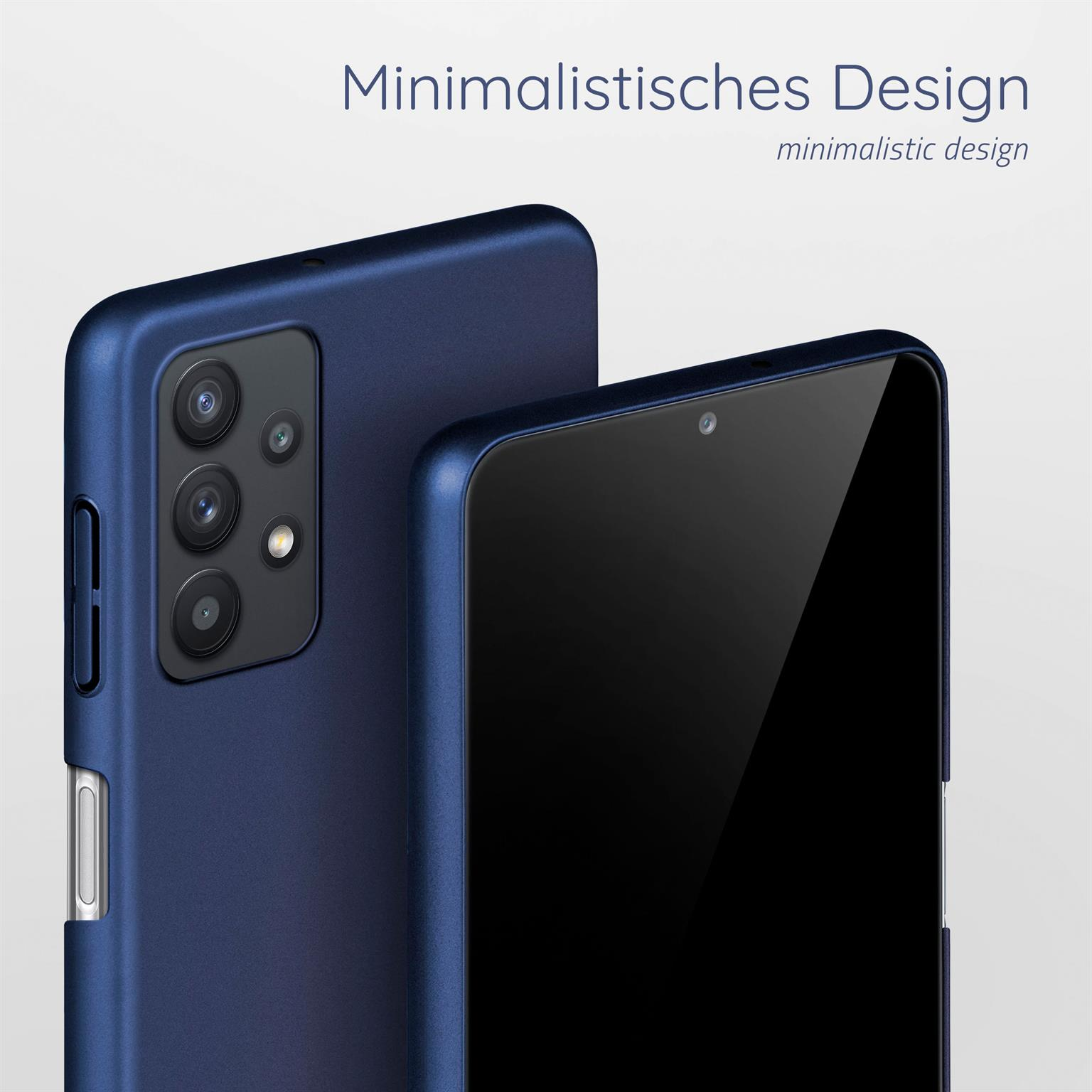 Blaue Handyhülle mit einem Telefon. Text: 'Minimalistisches Design'.