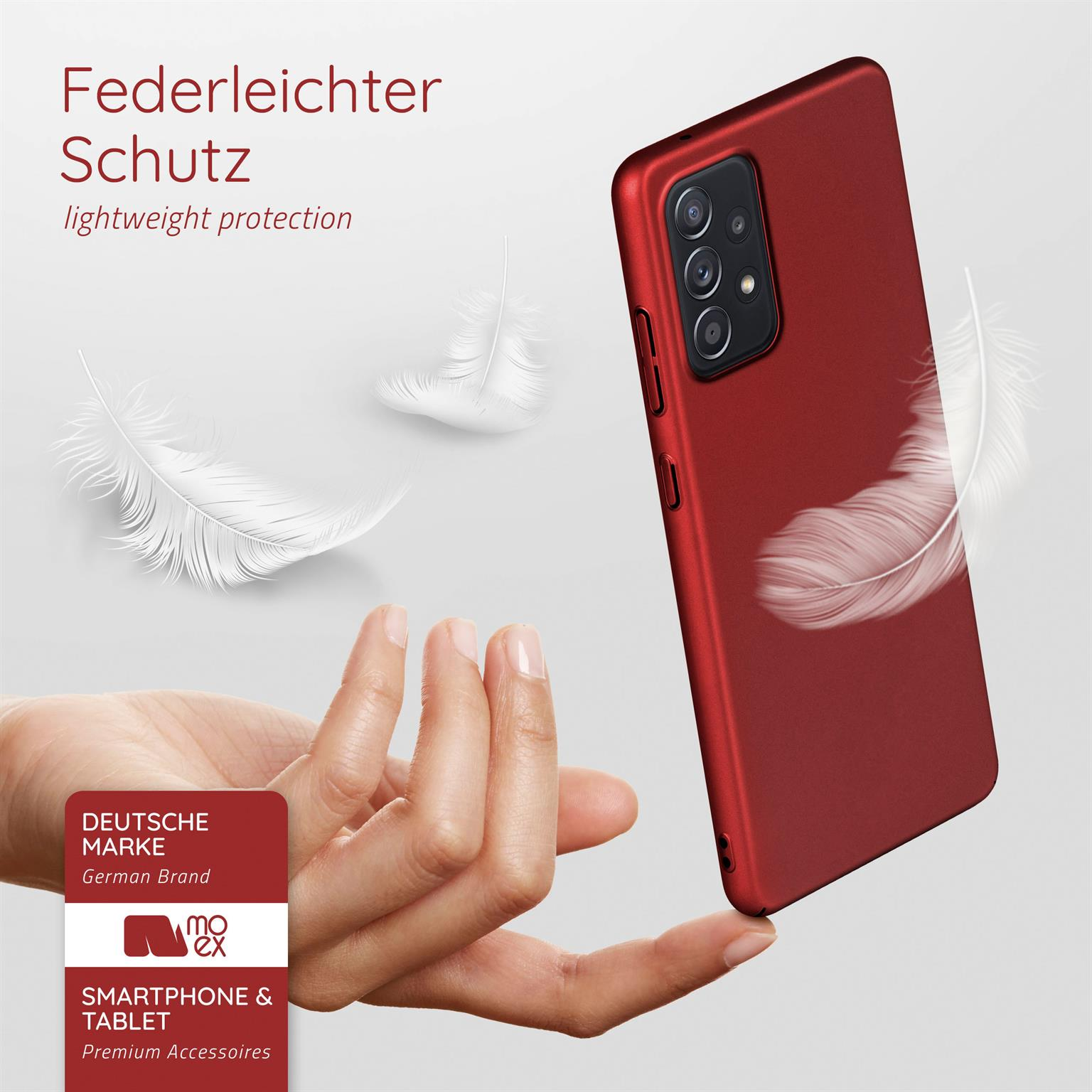 Rote Handyhülle mit einer Hand, die sie hält, und weißen Federn. Text: Federleichter Schutz, Smartphone & Tablet.