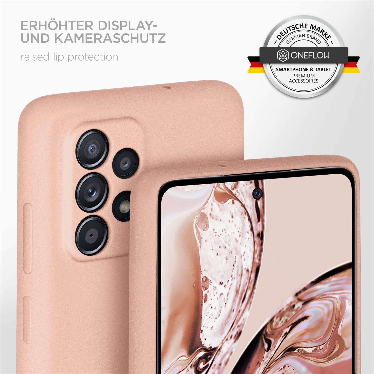 Ein Telefon mit rosafarbener Hülle, zeigt Kamera und Display.