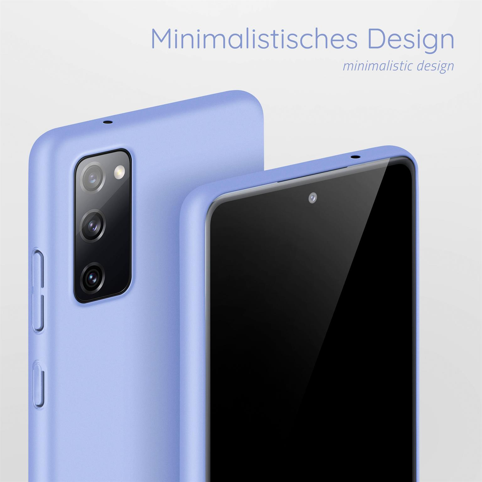 Zwei Telefone mit blauen Hüllen, eines zeigt die Rückseite, das andere die Kamera.