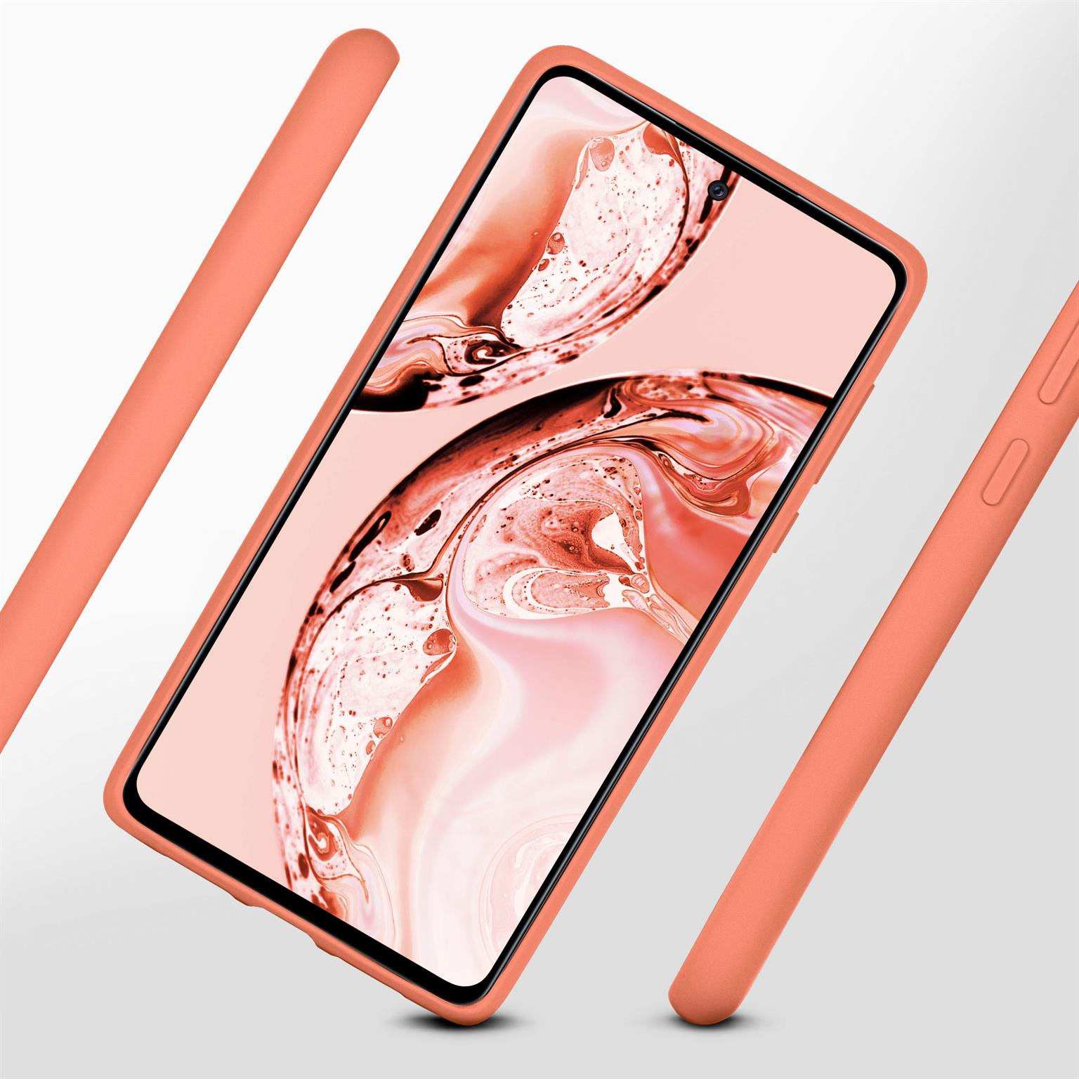 Eine korallenfarbene Handyhülle mit einem Telefon darin, das das Hüllendesign und Telefondetails zeigt.