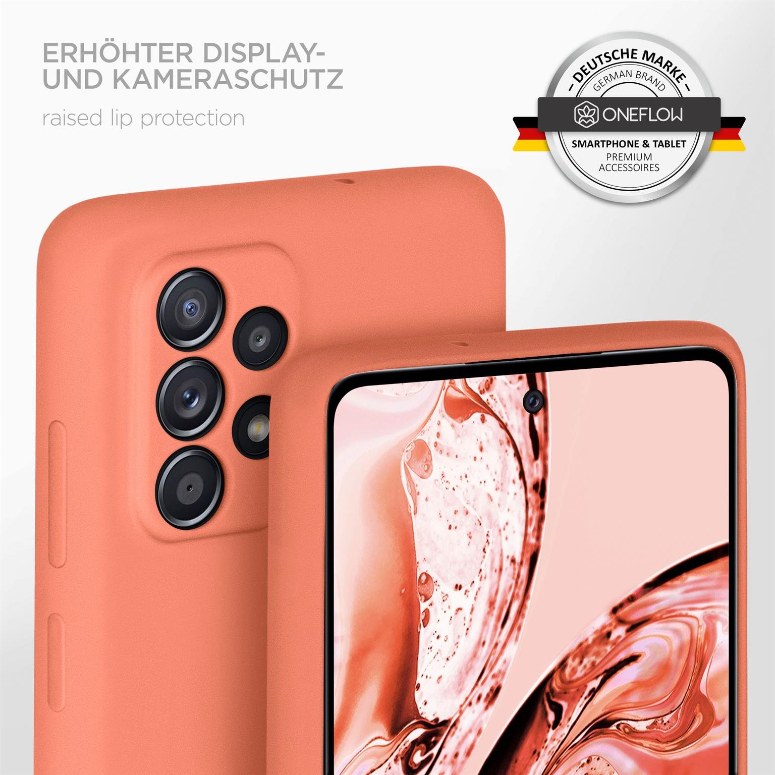 Orange Handyhülle. Erhöhter Rand für Kameraschutz. Oneflow Logo sichtbar.
