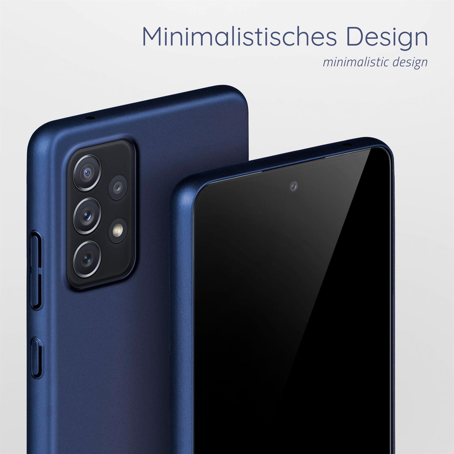 Zwei dunkelblaue Telefone. Eines zeigt Kameralinsen, das andere hat einen schwarzen Bildschirm.